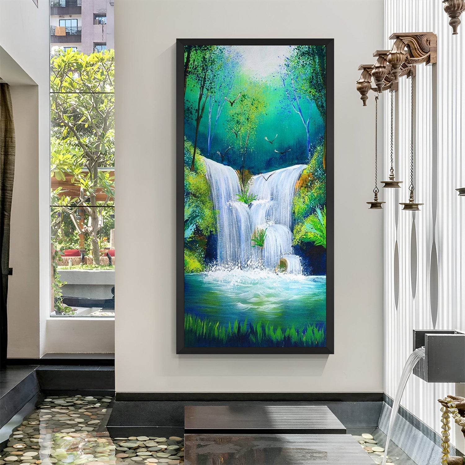 grand waterfall vastu canvas painting in sleek black floater frame for living room wall decor and growth
