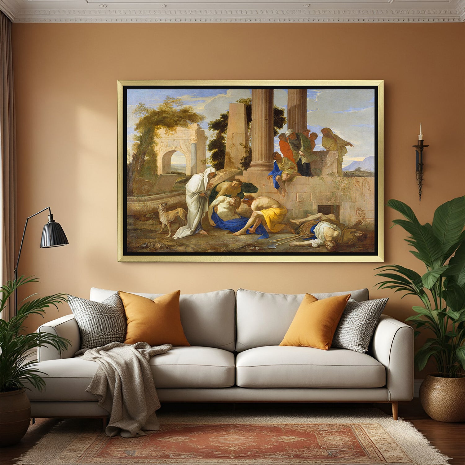 Golden-framed canvas wall art of Grateful Dead myth—eerie and symbolic vintage decor with aged painting style