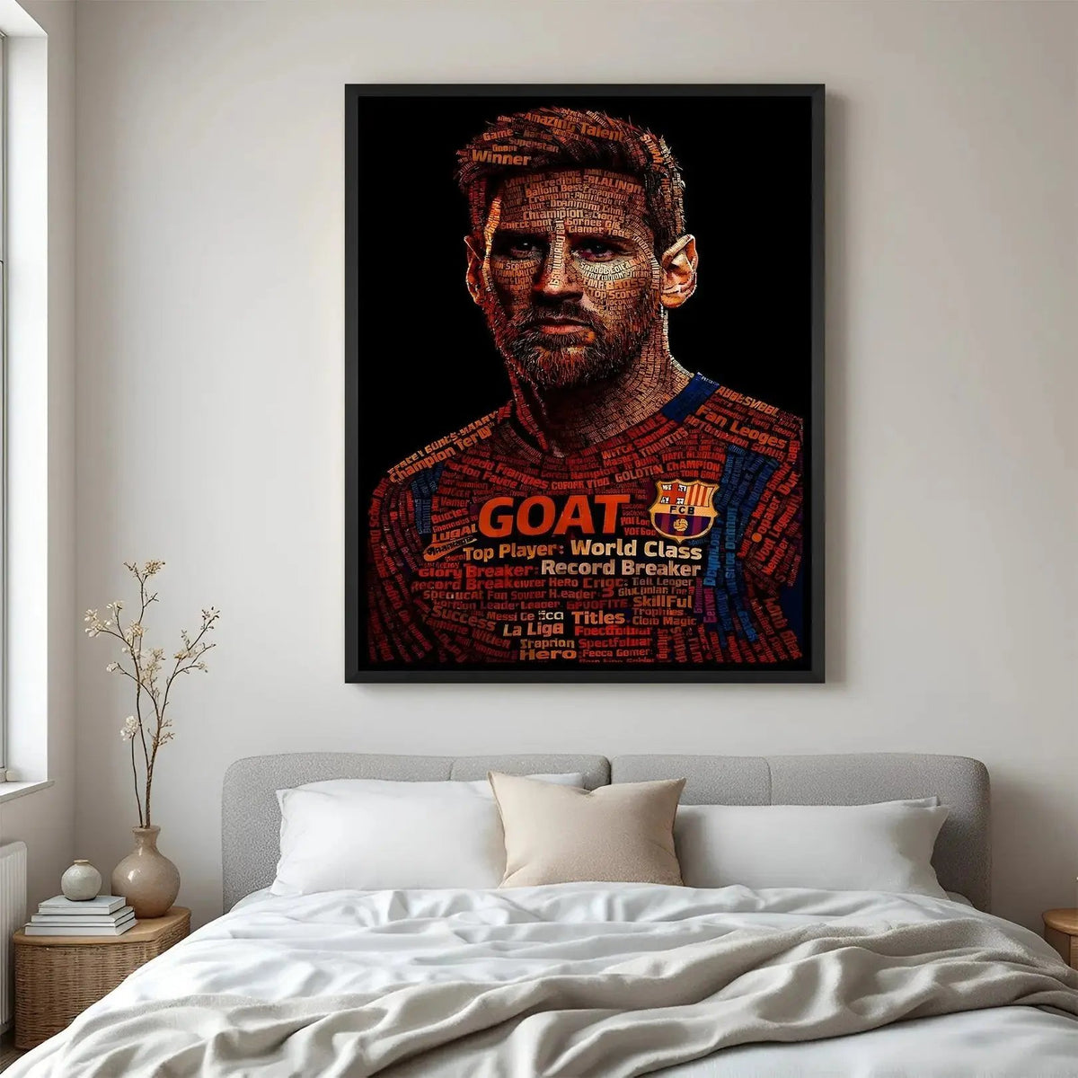Messi-inspired football motivation artwork in elegant black floater frame with contemporary portrait styling