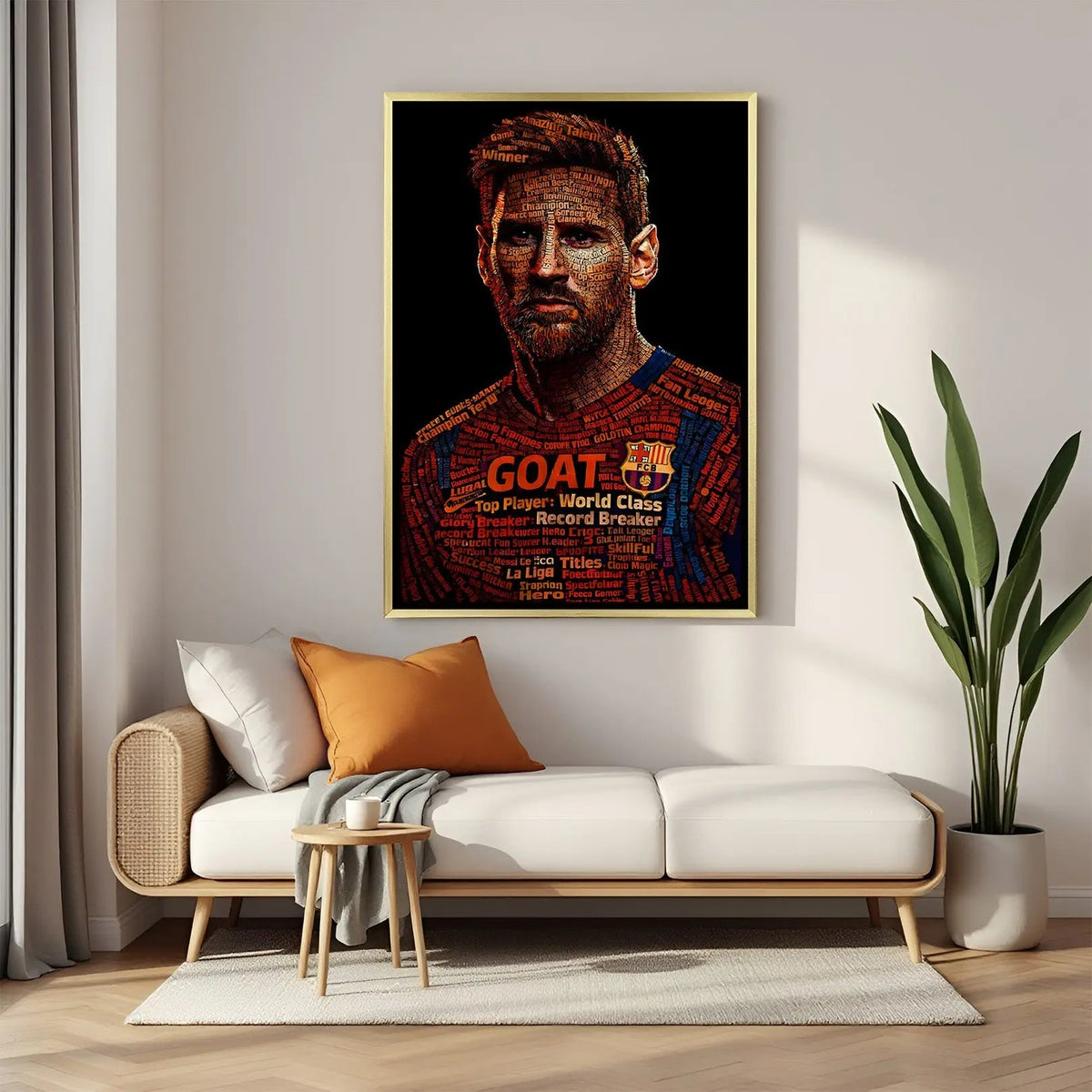Greatness Defined Messi Motivation canvas wall art in luxury golden floater frame featuring a bold football-inspired portrait