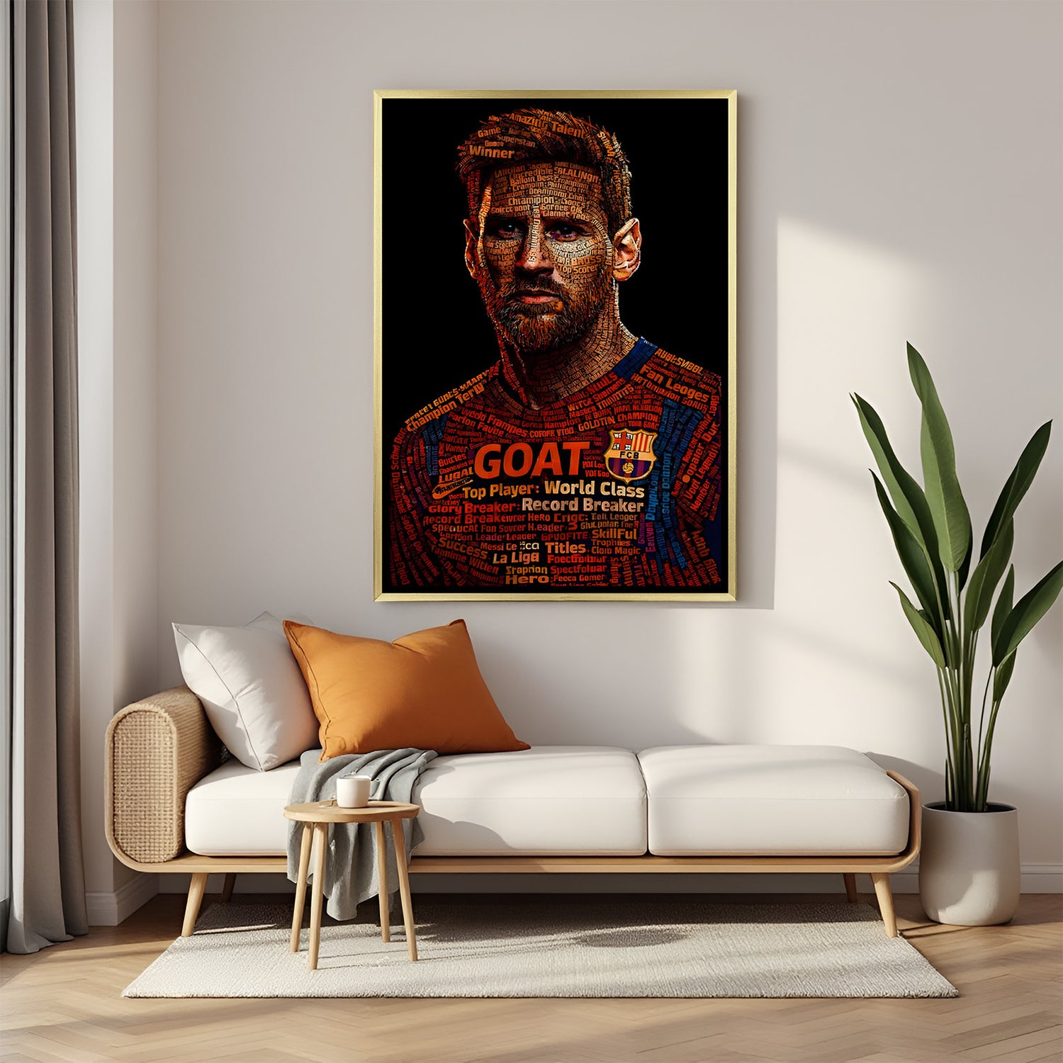 Greatness Defined Messi Motivation canvas wall art in luxury golden floater frame featuring a bold football-inspired portrait