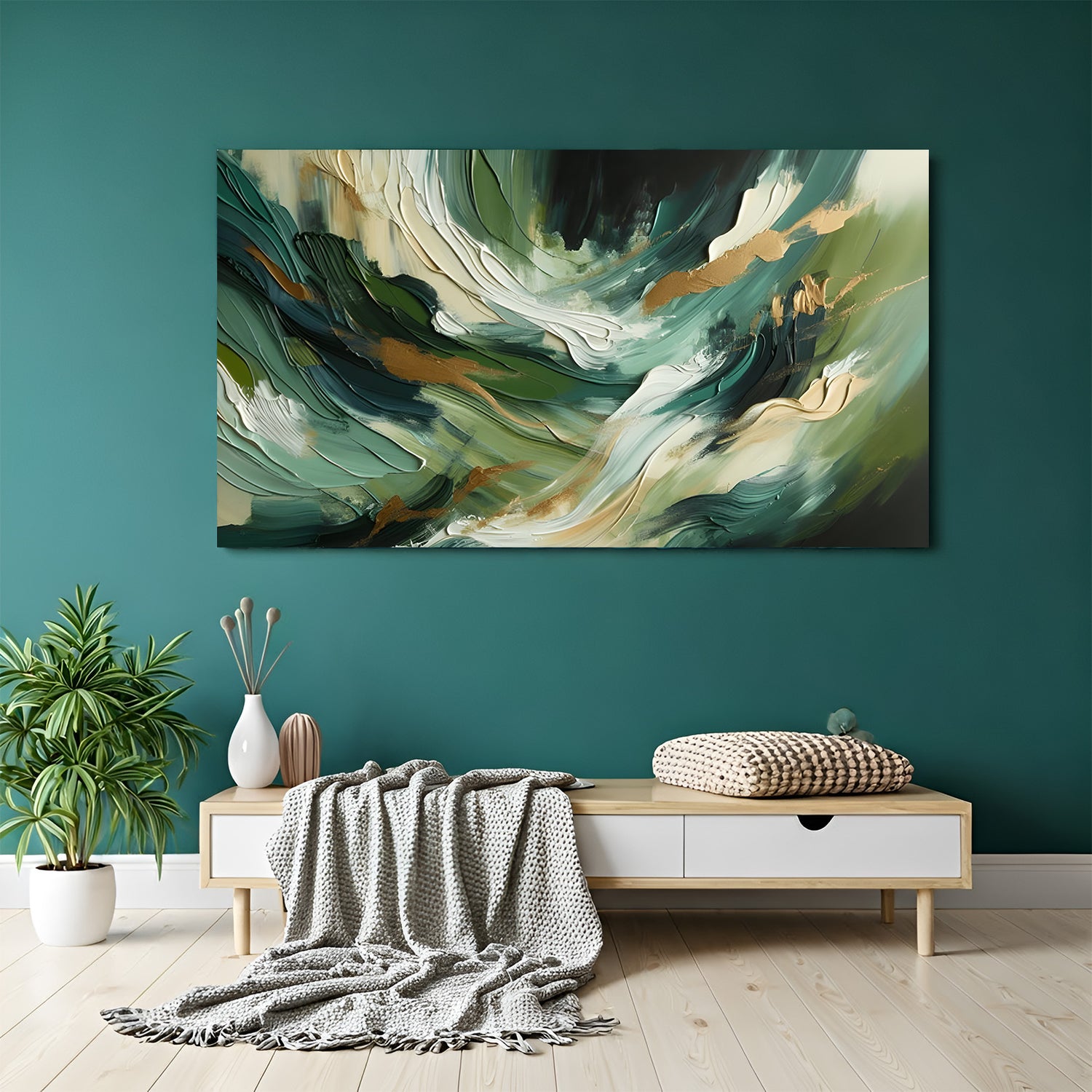 Green abstract canvas wall art with flowing brush strokes in emerald, sage, and white tones displayed above sofa in modern living room canvas wrap decor