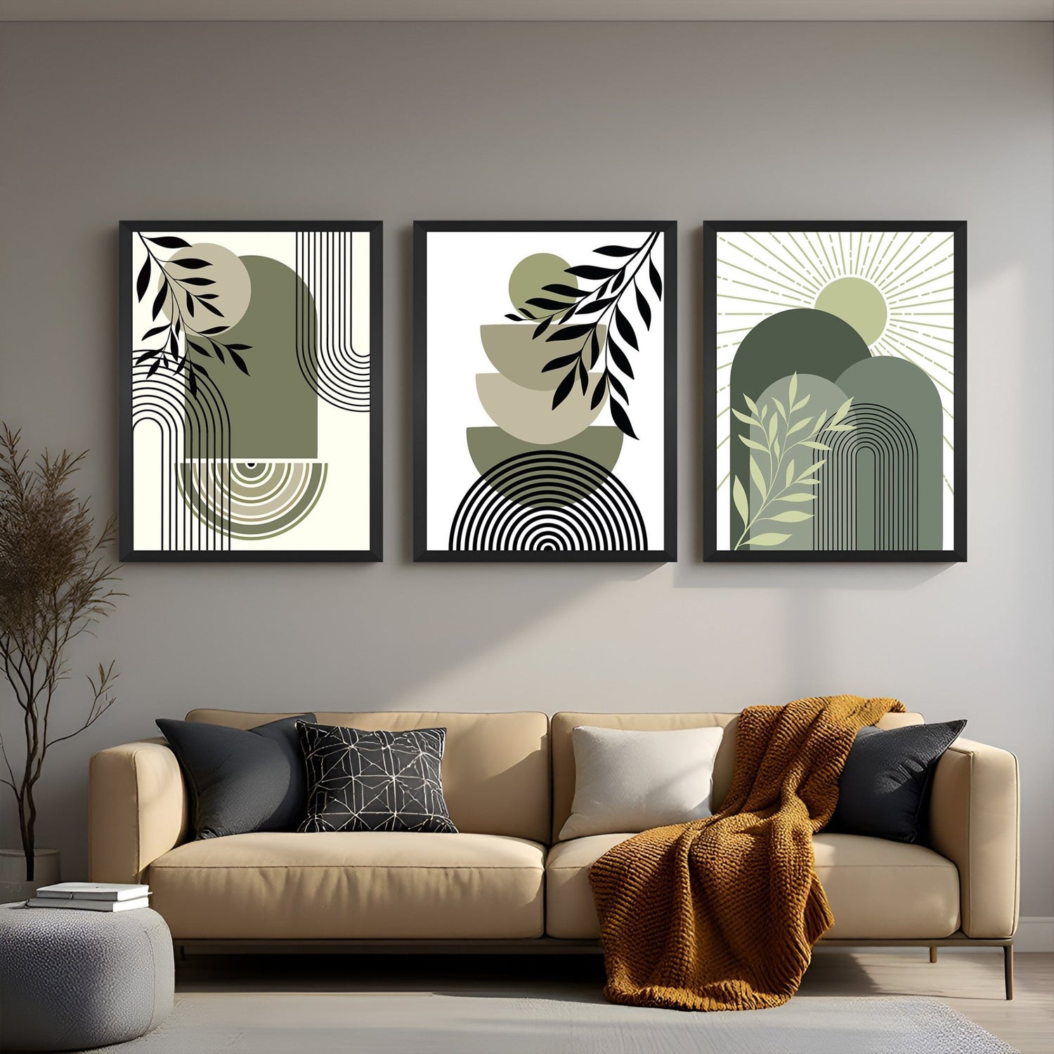 Bohemian wall art set of 3 canvas prints with green tones and line art illustrations – ideal for calm and earthy home decor