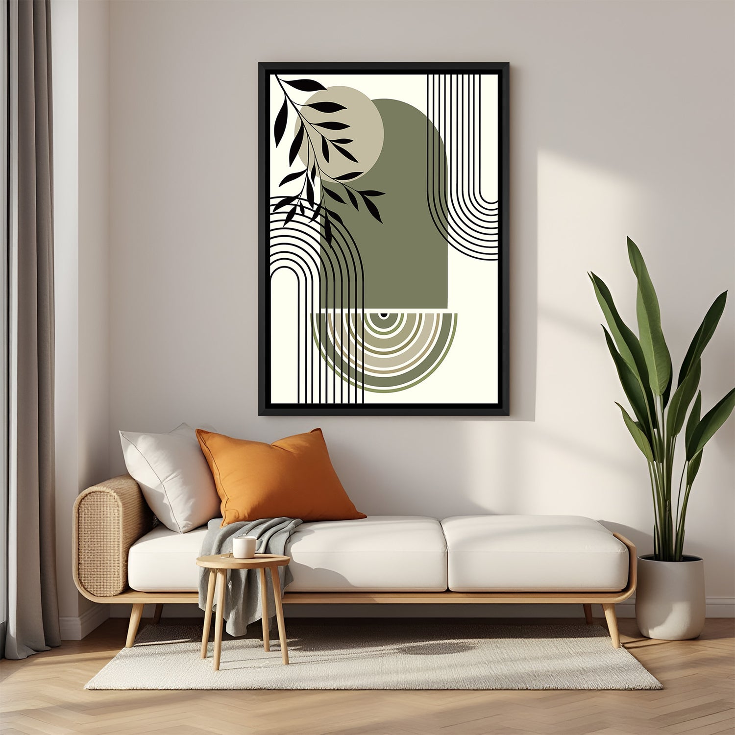 Canvas wall art with earthy stone shapes and abstract lines in black floater frame