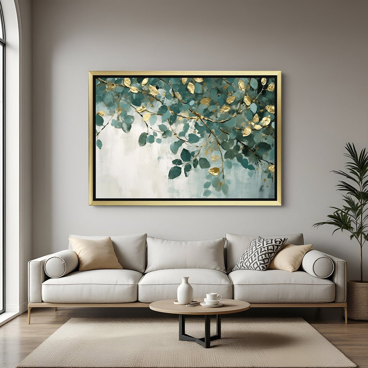 Golden frame hanging leaves wall art – modern abstract canvas with visible branch and green golden foliage in elegant brushstrokes