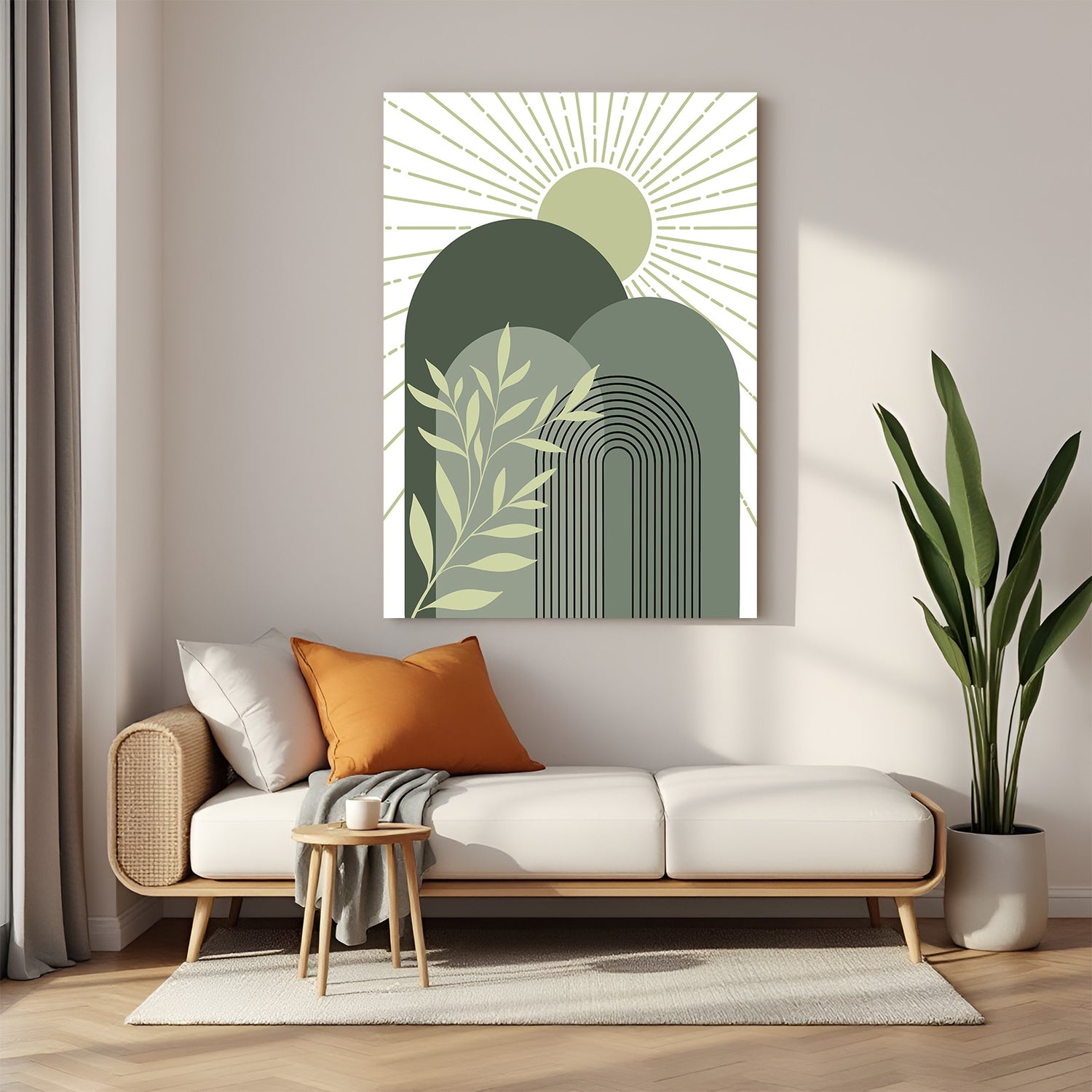 Earthy green boho canvas wall art with inverted U shapes and soft sun at the top
