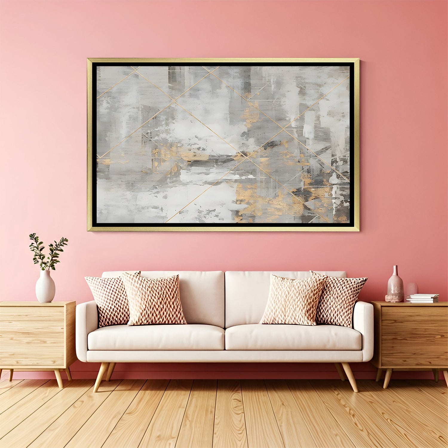 Elegant grey and gold abstract wall art with golden frame for luxury home decor