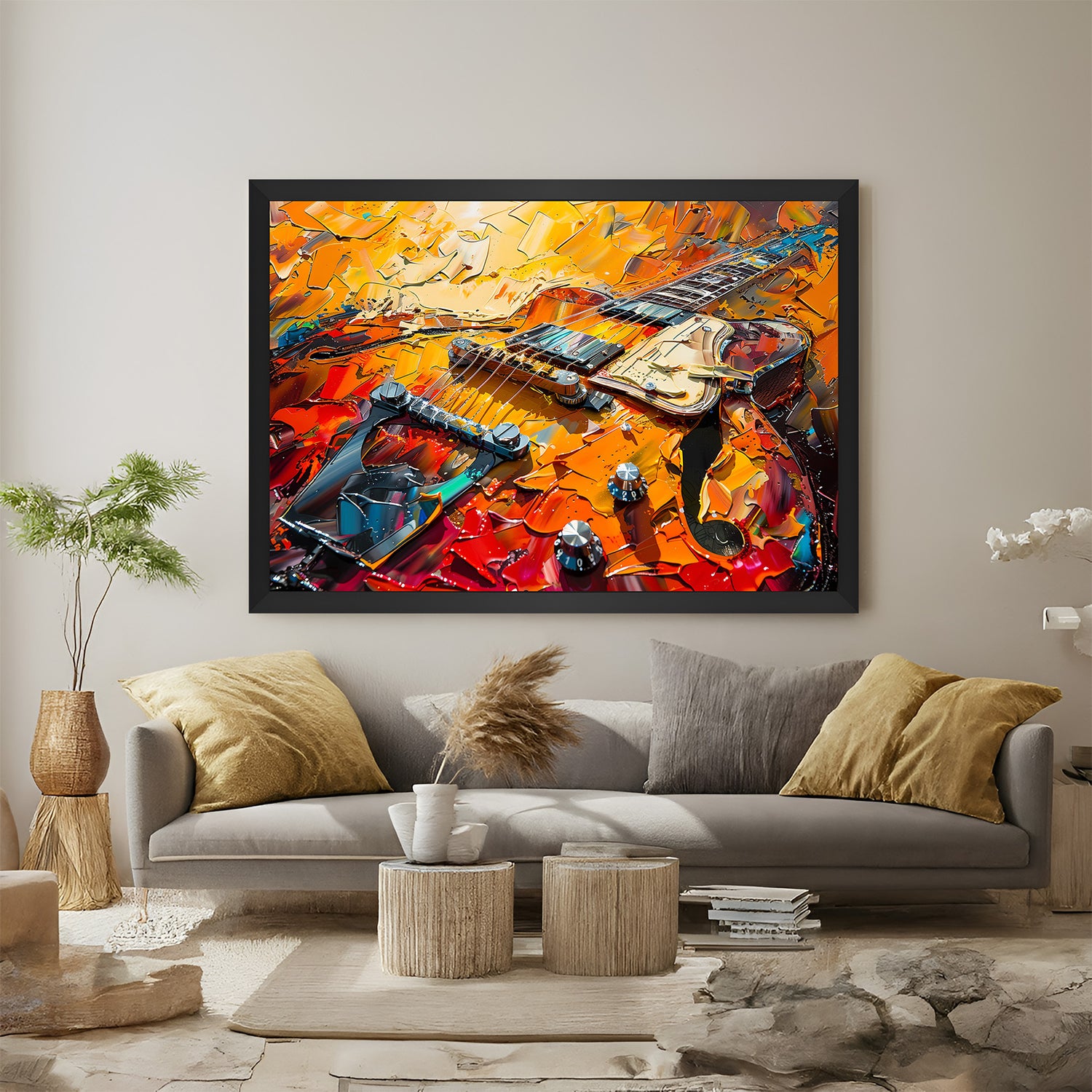 Guitar art print in painted style with black floater frame, ideal for music-themed or modern creative wall settings