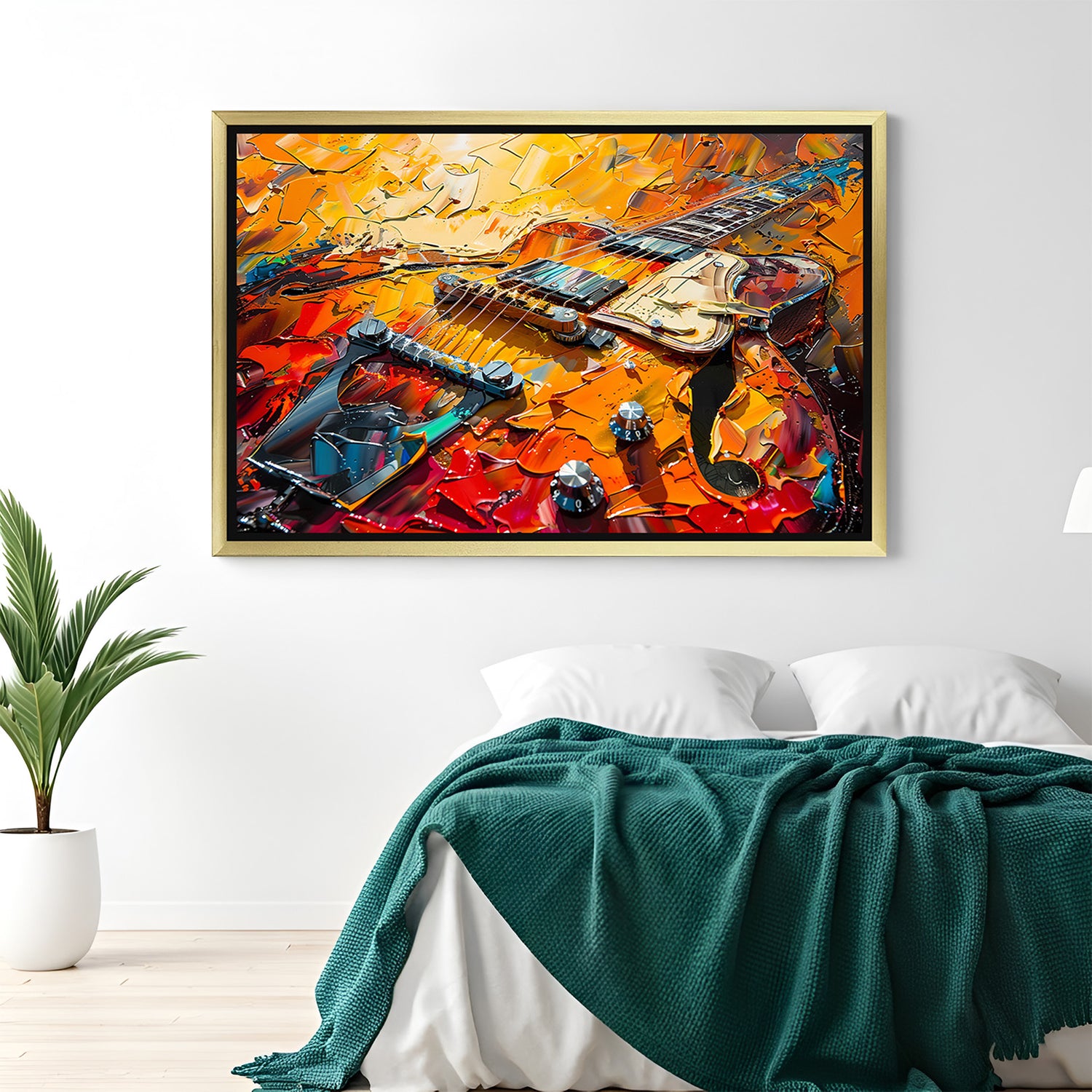 Colorful painted guitar canvas in gold floater frame – perfect for adding musical charm to living or creative spaces