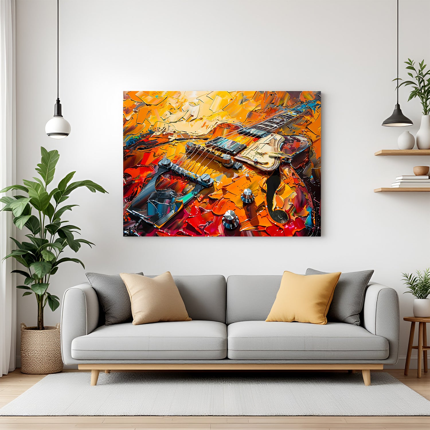 Modern painted style guitar canvas wall art with bold brushstrokes and vibrant tones for home or studio decor