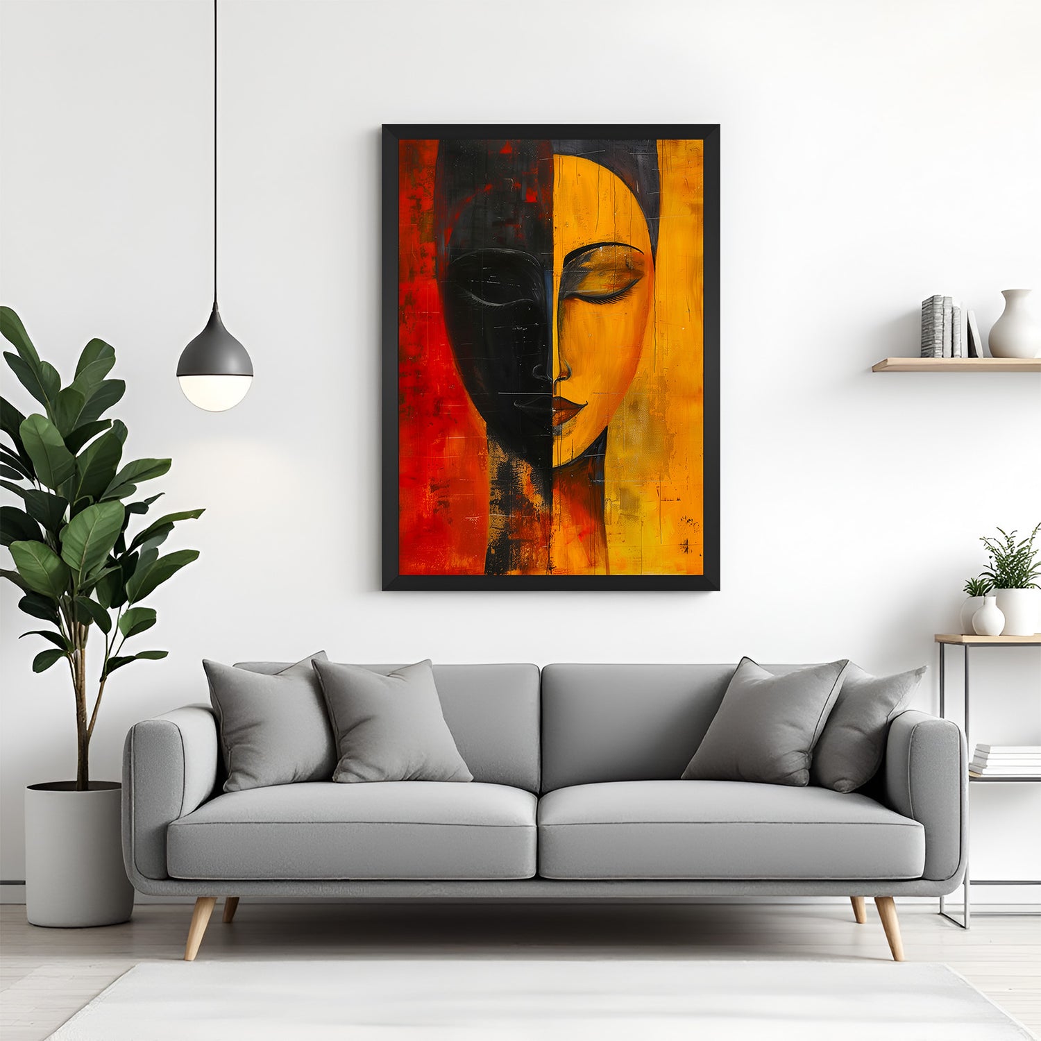 Framed canvas artwork of tribal African portrait with split-color face—black and yellow-orange—in a black floater frame for modern walls