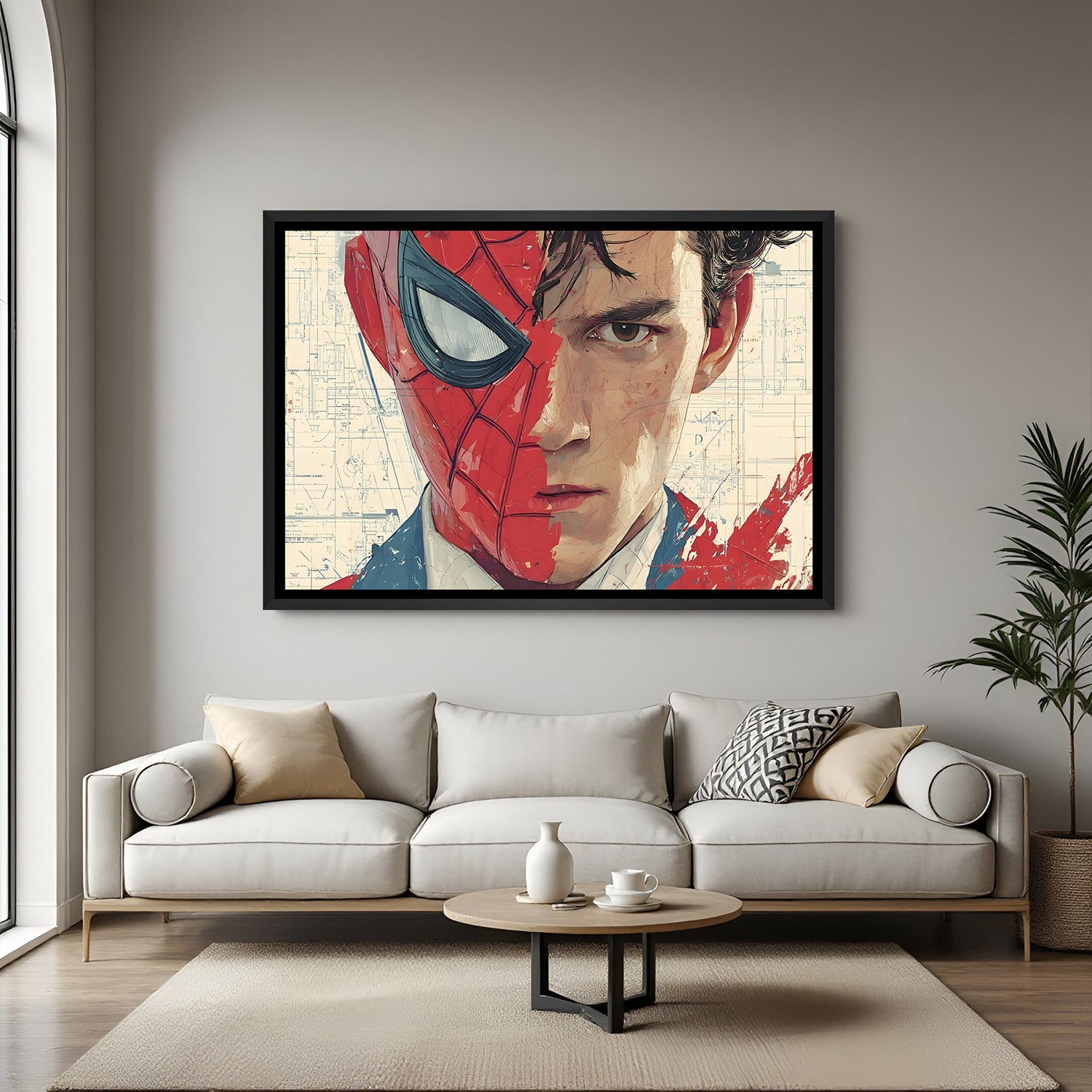 Spider-Man and Peter Parker split-face artwork in elegant black floater frame