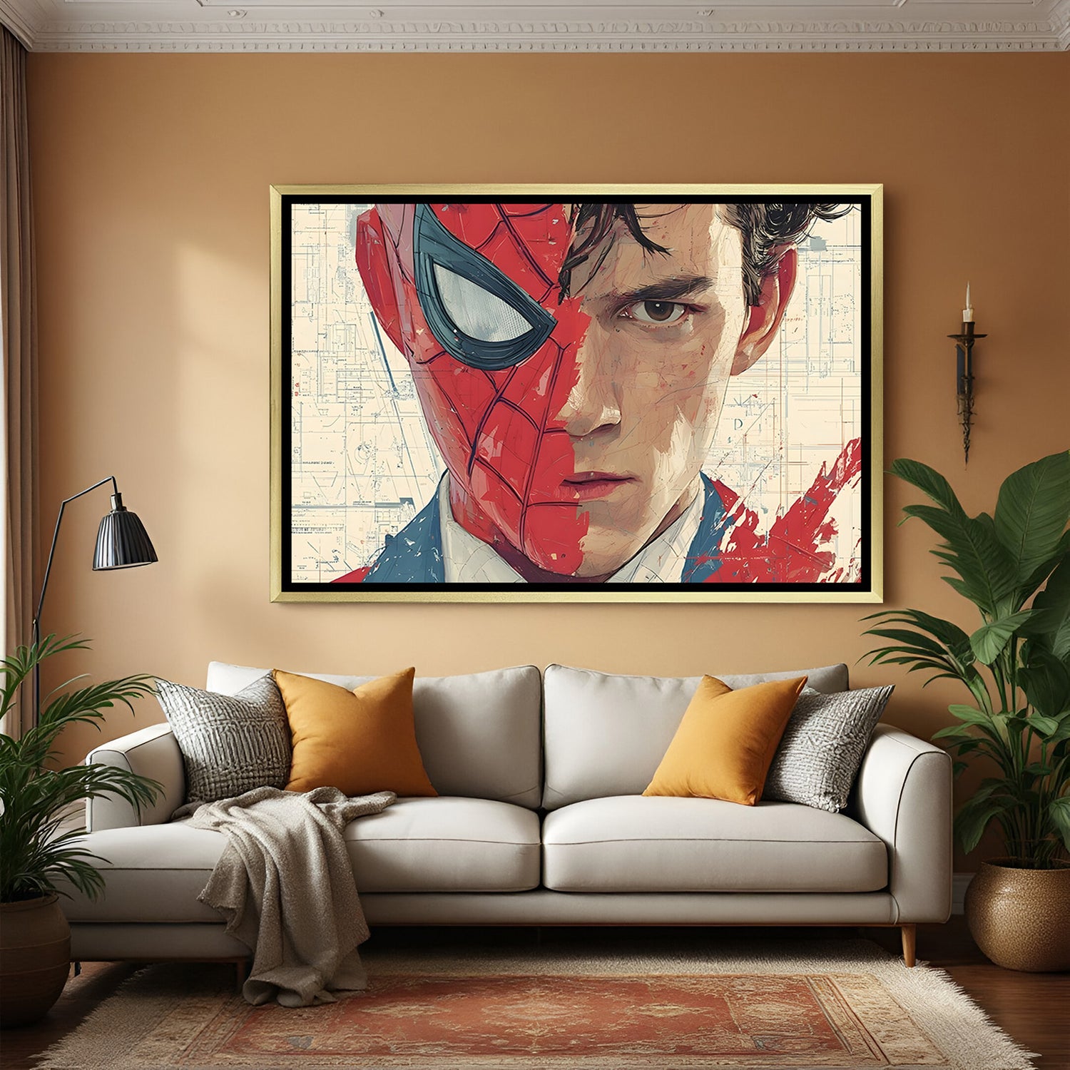 Half Spider-Man half Peter Parker cinematic Marvel artwork in luxury golden floater frame