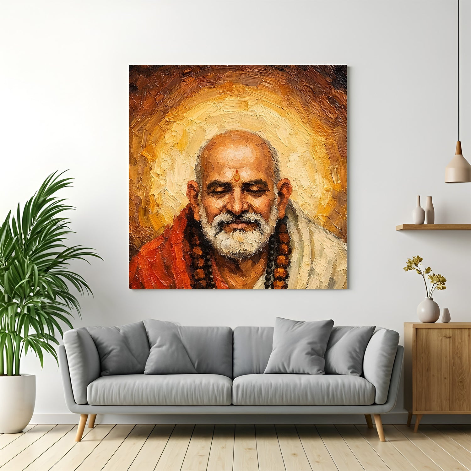 Painted portrait of Neem Karoli Baba with closed eyes and golden halo in premium canvas wrapped frame
