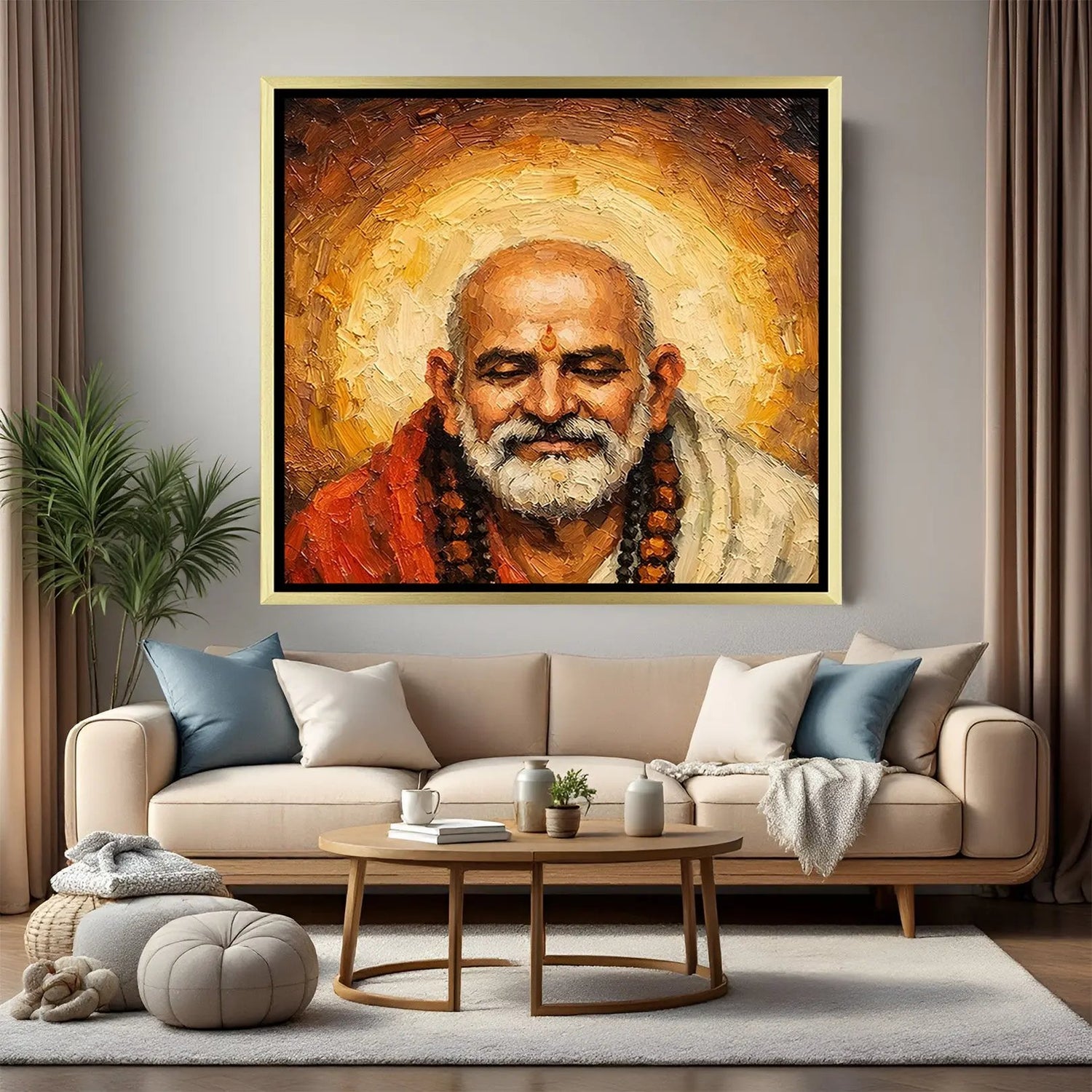 Halo of Inner Awakening Neem Karoli Baba artwork in luxury golden floater frame featuring meditative portrait