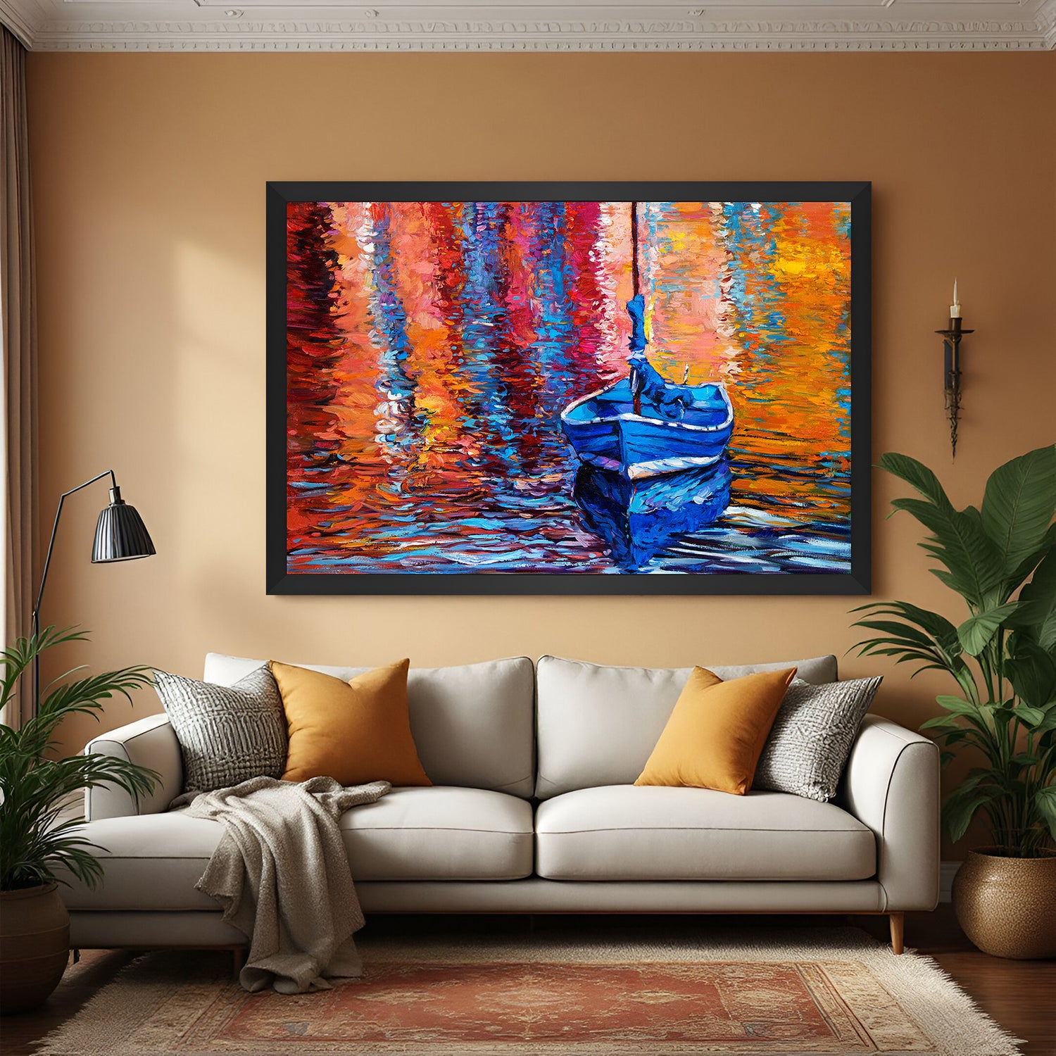 Hand painted boat canvas wall art with colorful water reflections in black floater frame – modern living room wall decor