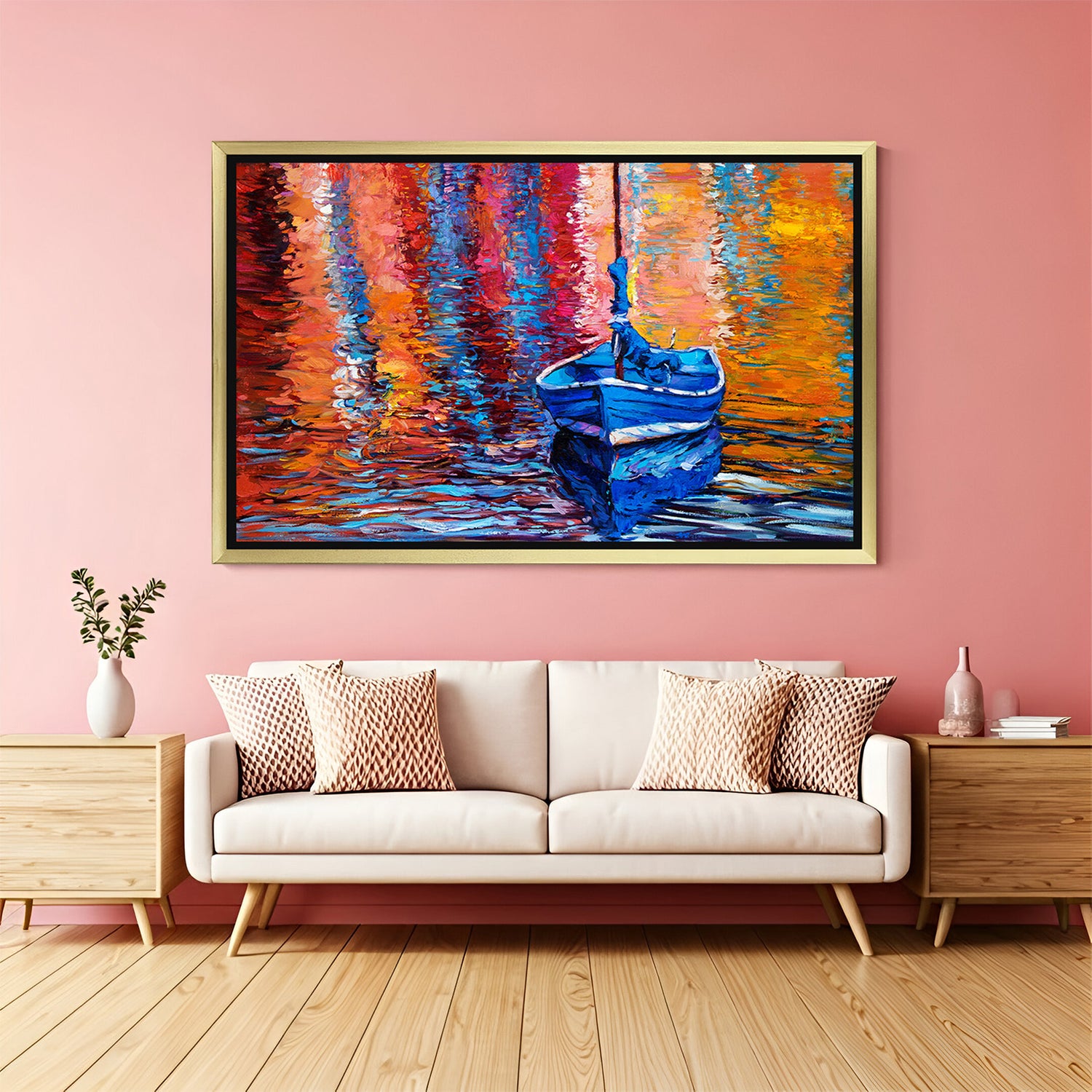 Hand painted boat canvas wall art with vibrant water reflections in golden floater frame – contemporary home wall decor