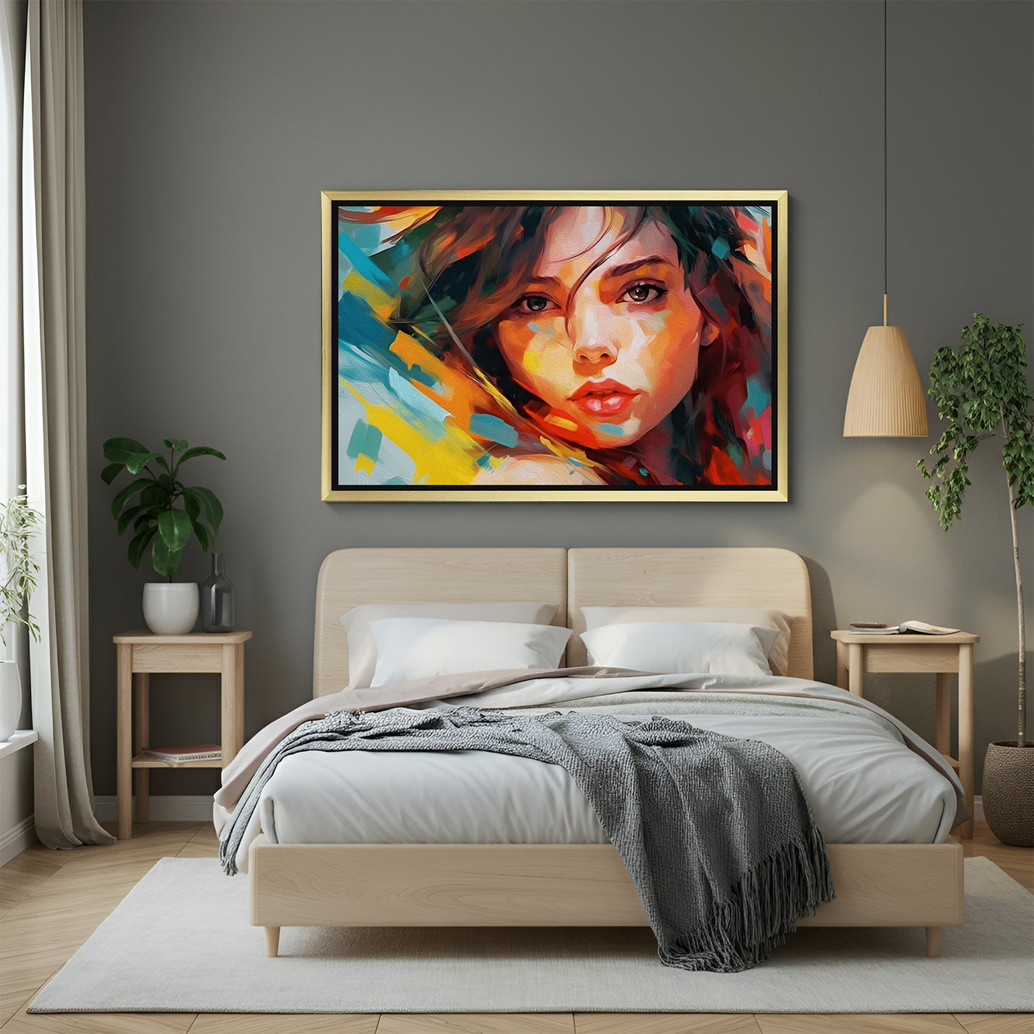 Hand painted canvas wall art of colorful woman portrait in golden floater frame for luxury wall décor
