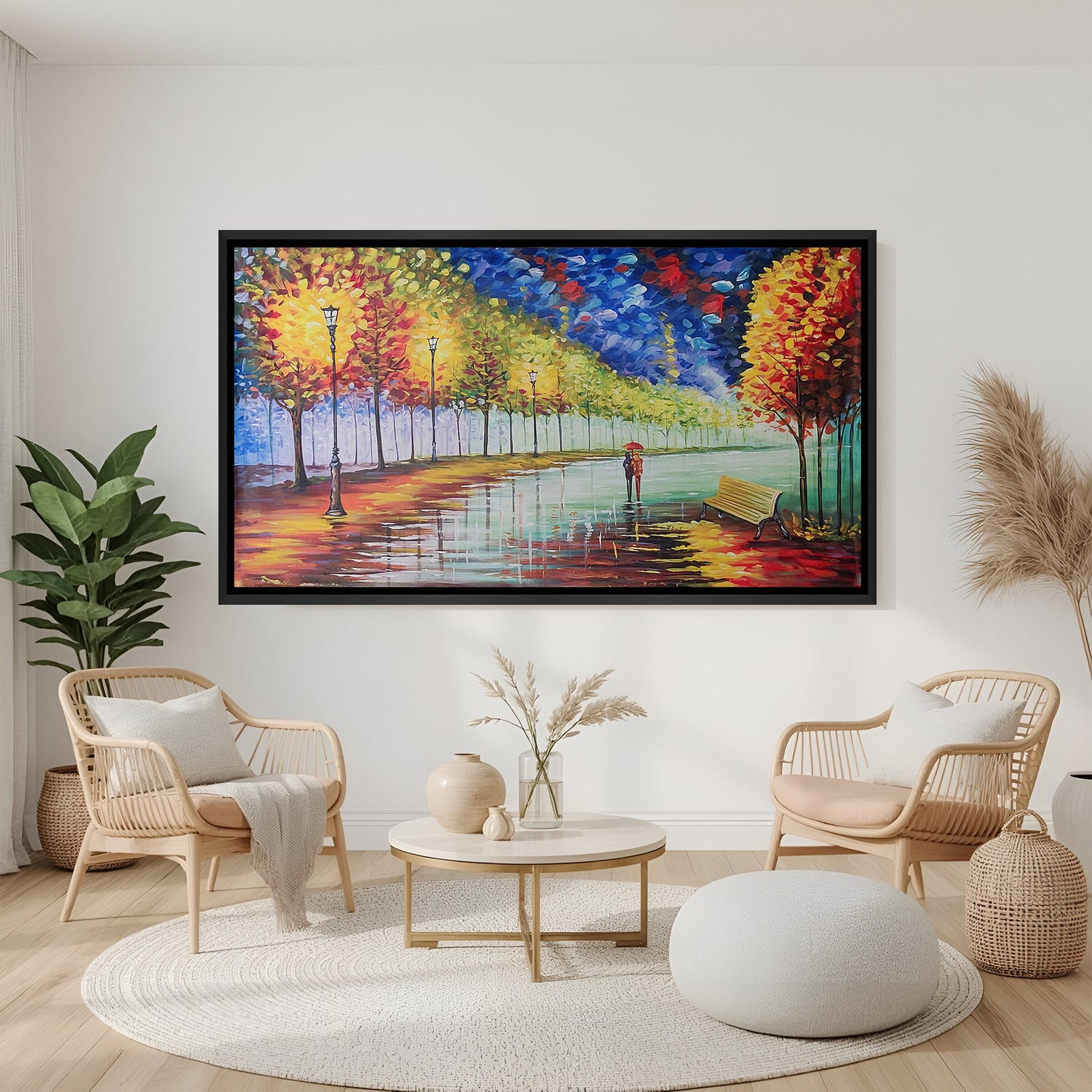Hand-painted colorful park wall art with trees, lights, and umbrella couple in black floater frame – acrylic impressionist canvas painting