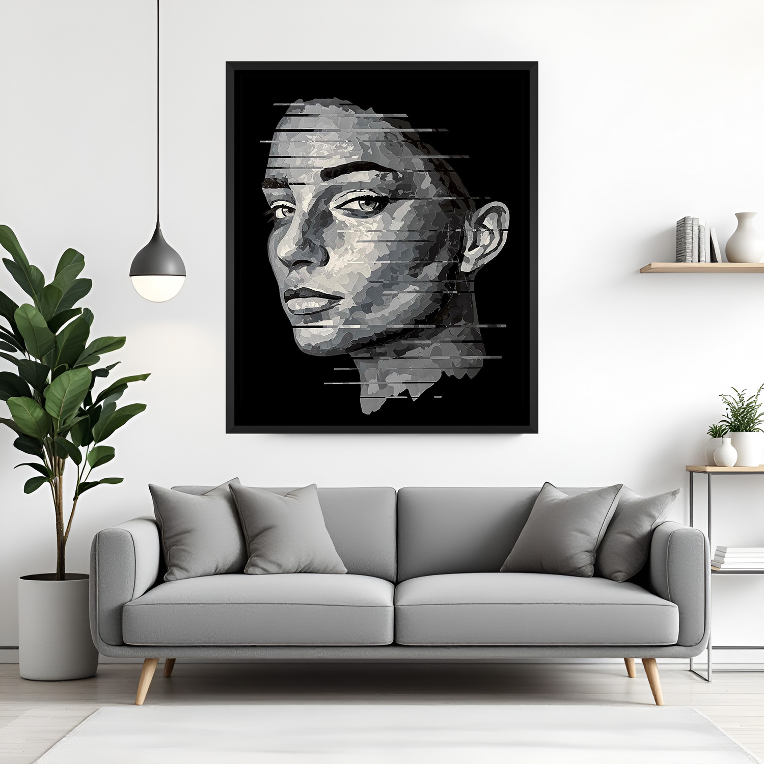 Hand-painted monochrome woman portrait in grayscale tones with black floater frame – modern abstract acrylic canvas painting