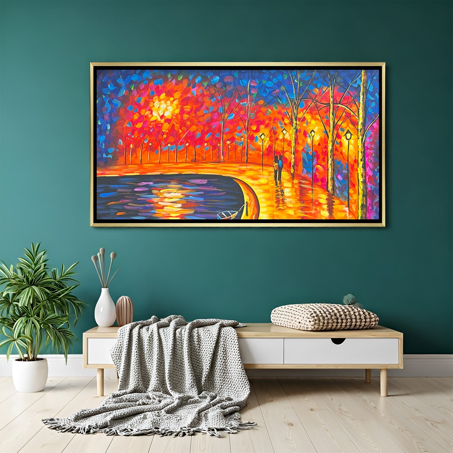 Hand-painted romantic park wall art with colorful autumn trees and riverside couple in golden floater frame – impressionist acrylic canvas painting