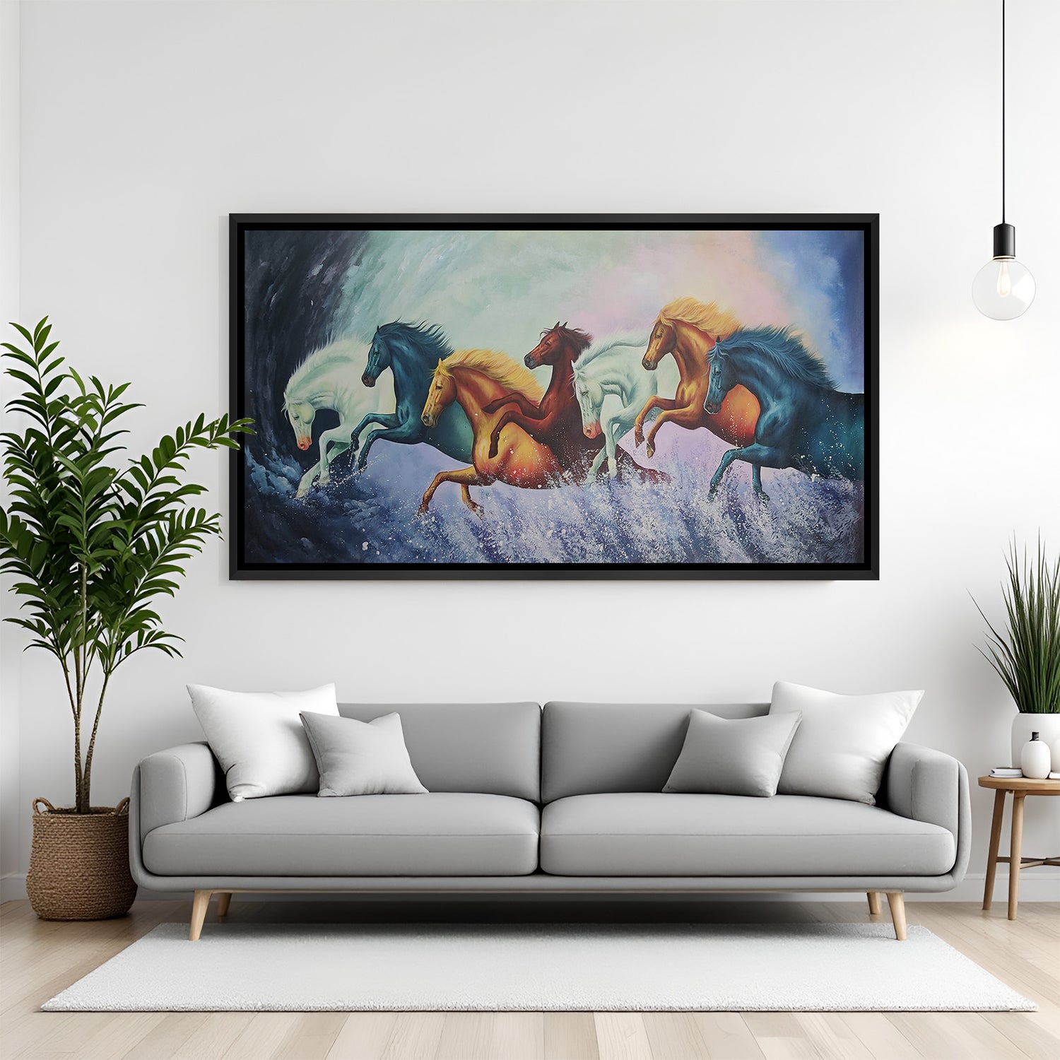 Hand-painted multicolor seven horses wall art galloping over waves in black floater frame – Vastu acrylic canvas painting for prosperity