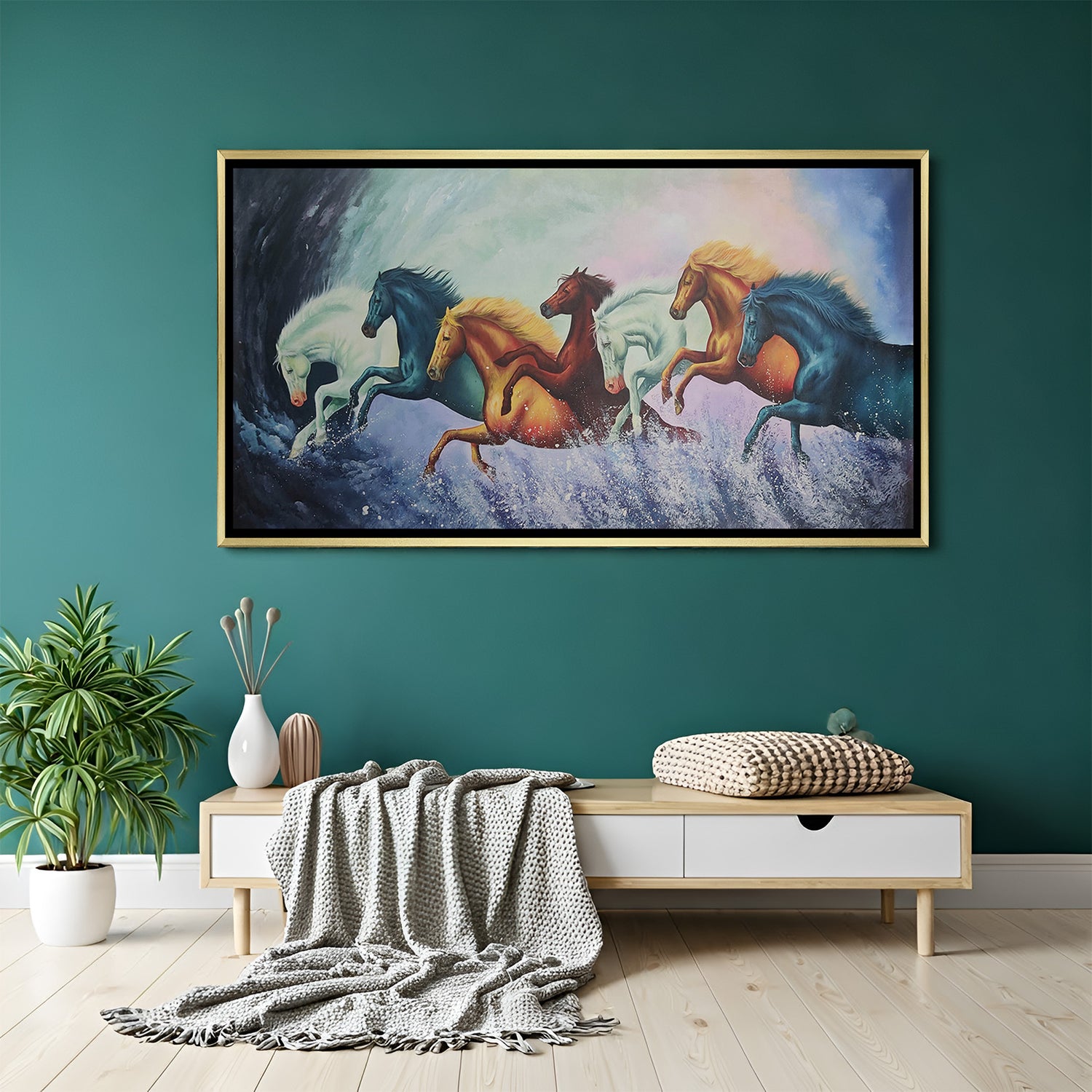 Hand-painted multicolor seven horses wall art galloping over waves in golden floater frame – Vastu acrylic canvas painting for success and energy