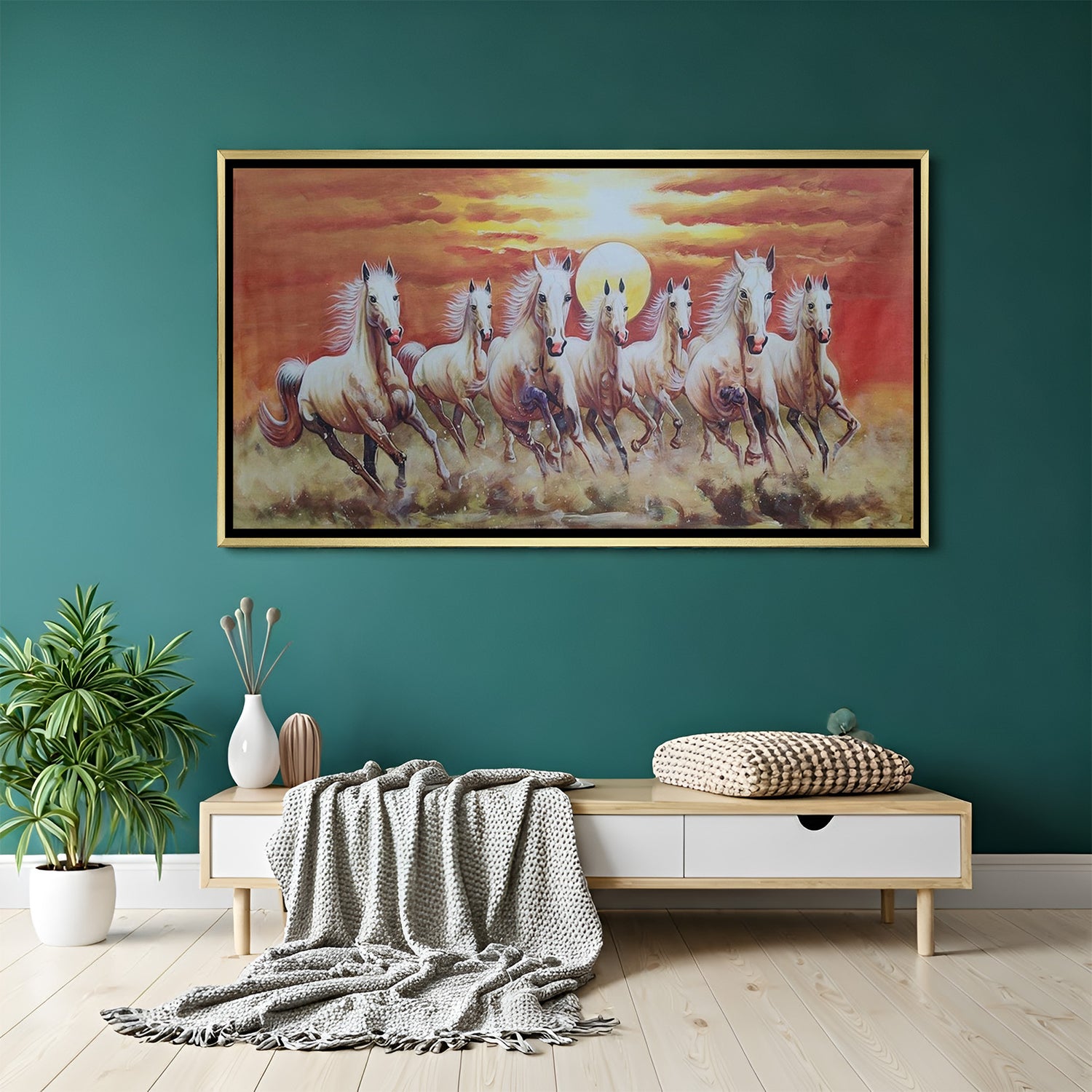 Hand-painted seven running horses wall art with rising sun in golden floater frame – Vastu acrylic canvas painting for wealth and growth