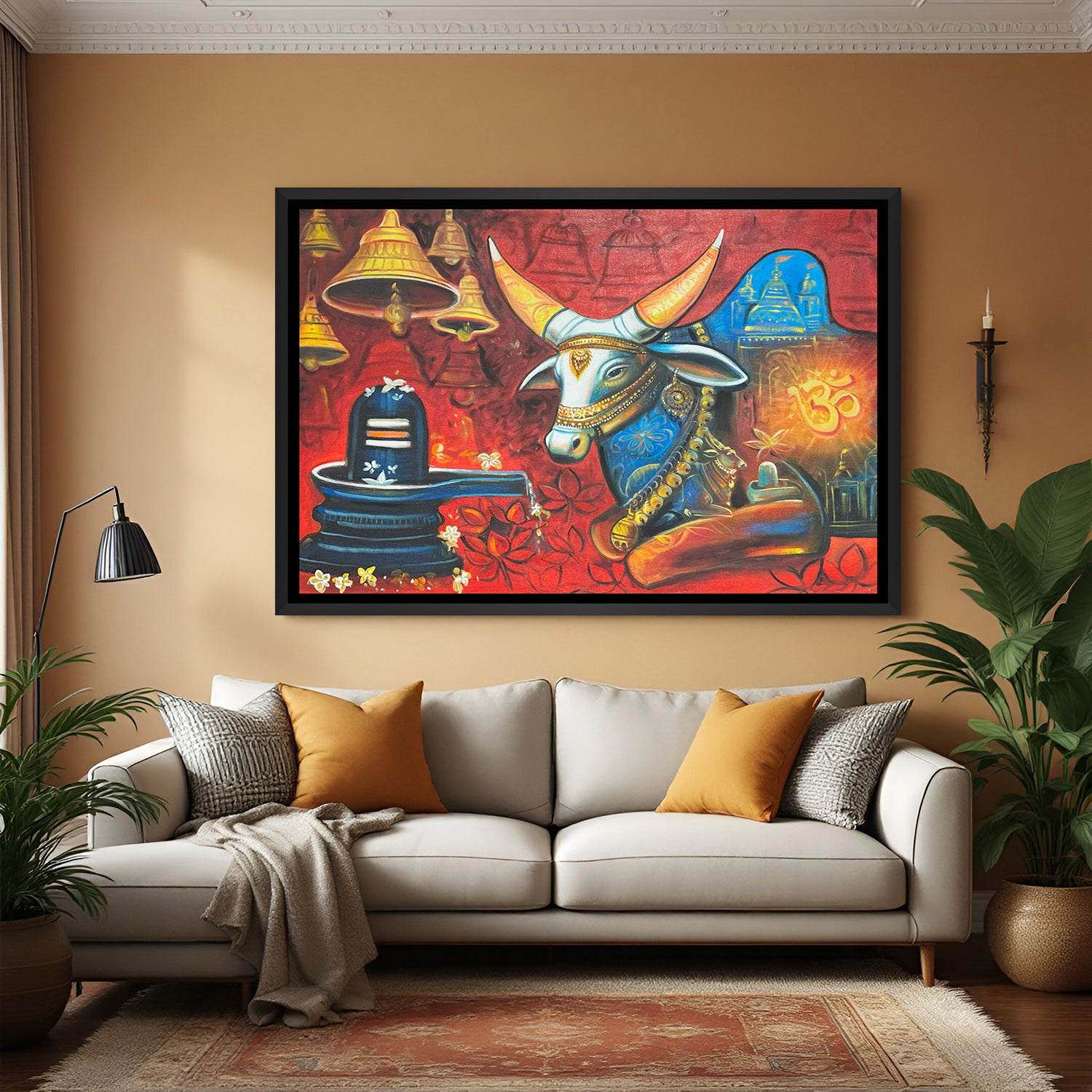 Hand-painted Shivling with Nandi bull spiritual wall art in black floater frame – acrylic canvas painting with Om symbol and temple bells