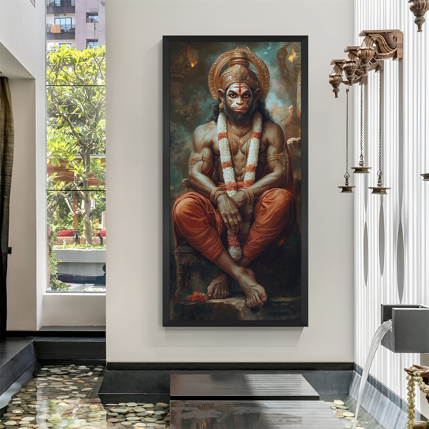 Black floater frame Hanuman canvas art inspiring courage and strength, vastu wall decor for spiritual energy in home or meditation room