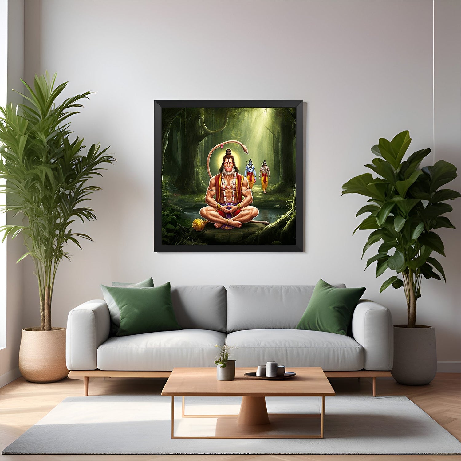 Black frame Hanuman ji canvas painting bringing spiritual strength, peace, and vastu energy to gyms, pooja rooms, or meditation zones