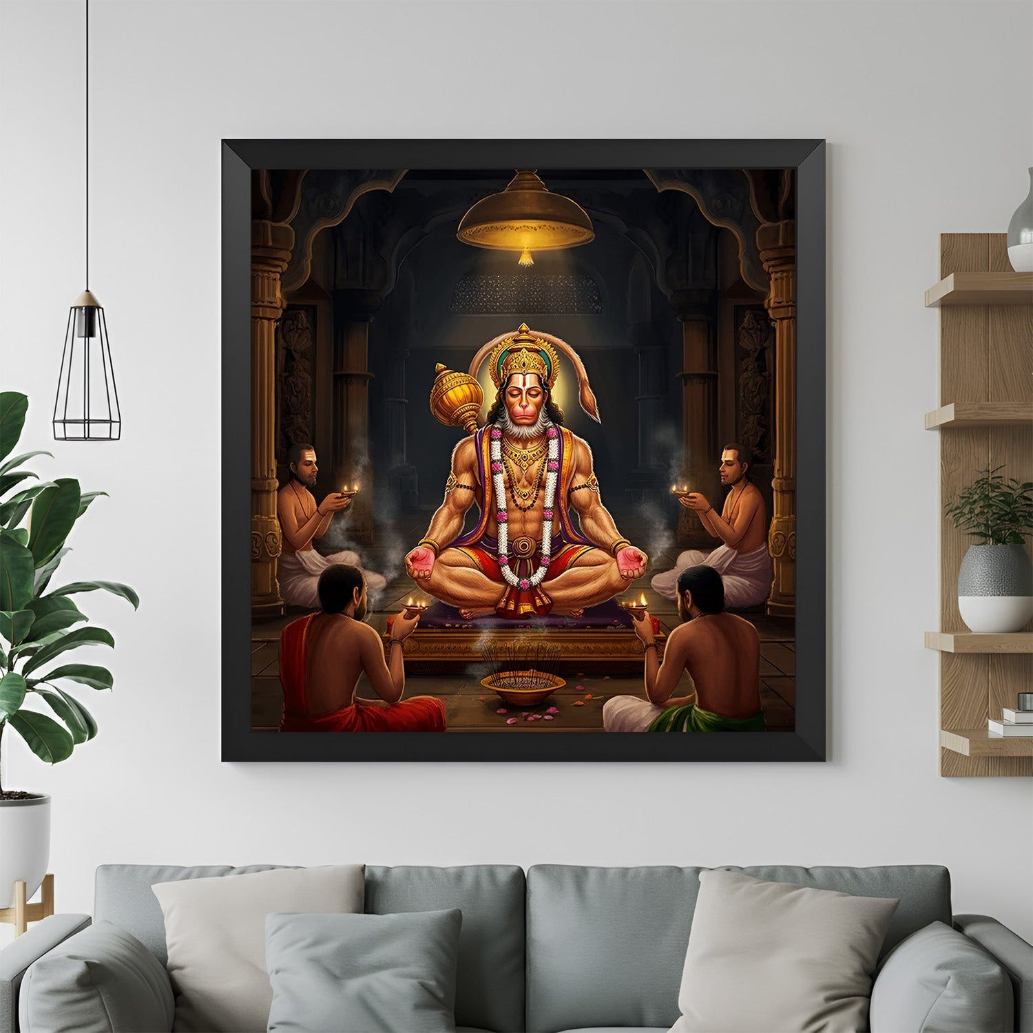 Hanuman Ji Canvas Painting in black floater frame for divine wall decor and Vastu energy in home or workplace interiors