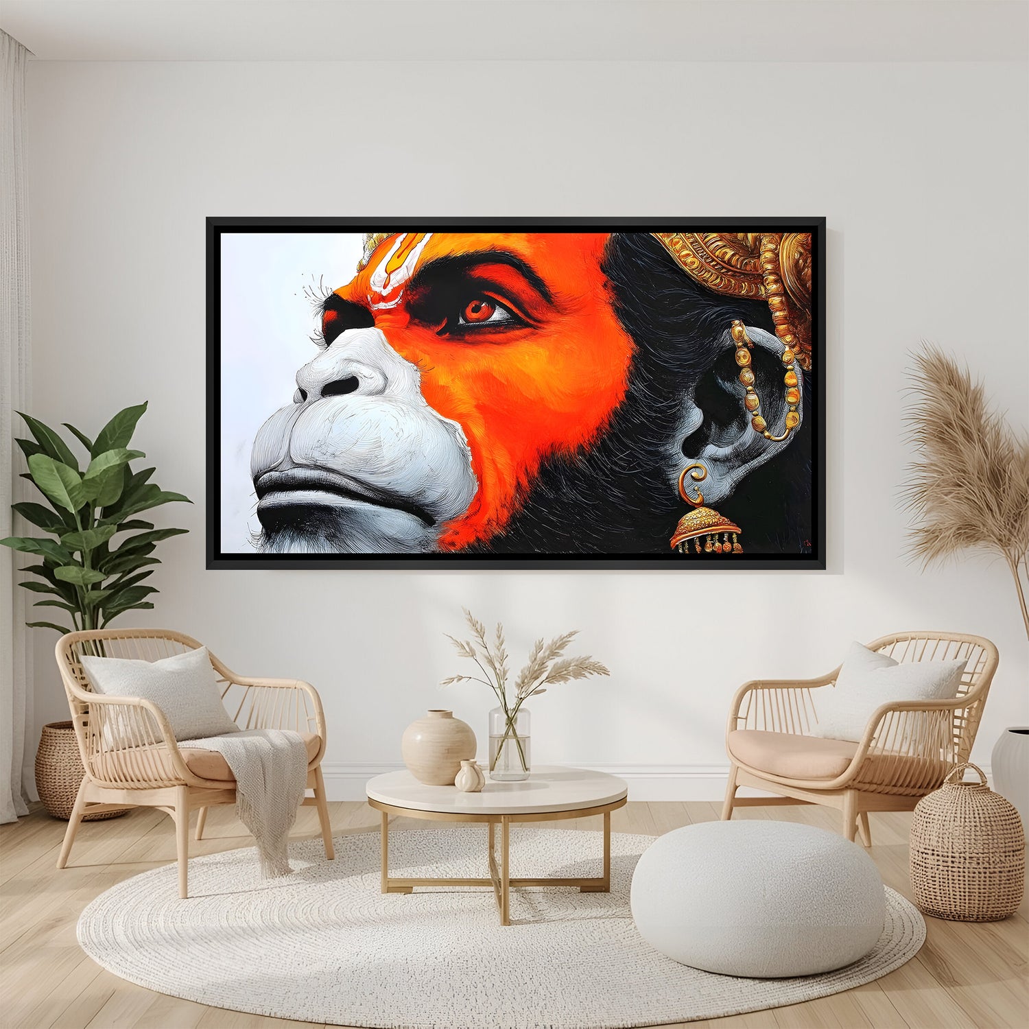 Hanuman Ji Celestial Vision of Devotion wall painting in black floater frame with divine upward-looking Hanuman portrait