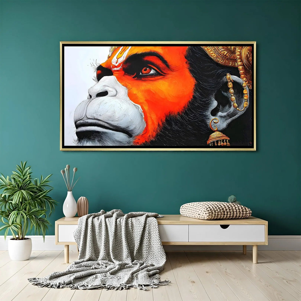 Hanuman Ji Celestial Vision of Devotion artwork in luxury golden floater frame featuring a powerful devotional face portrait