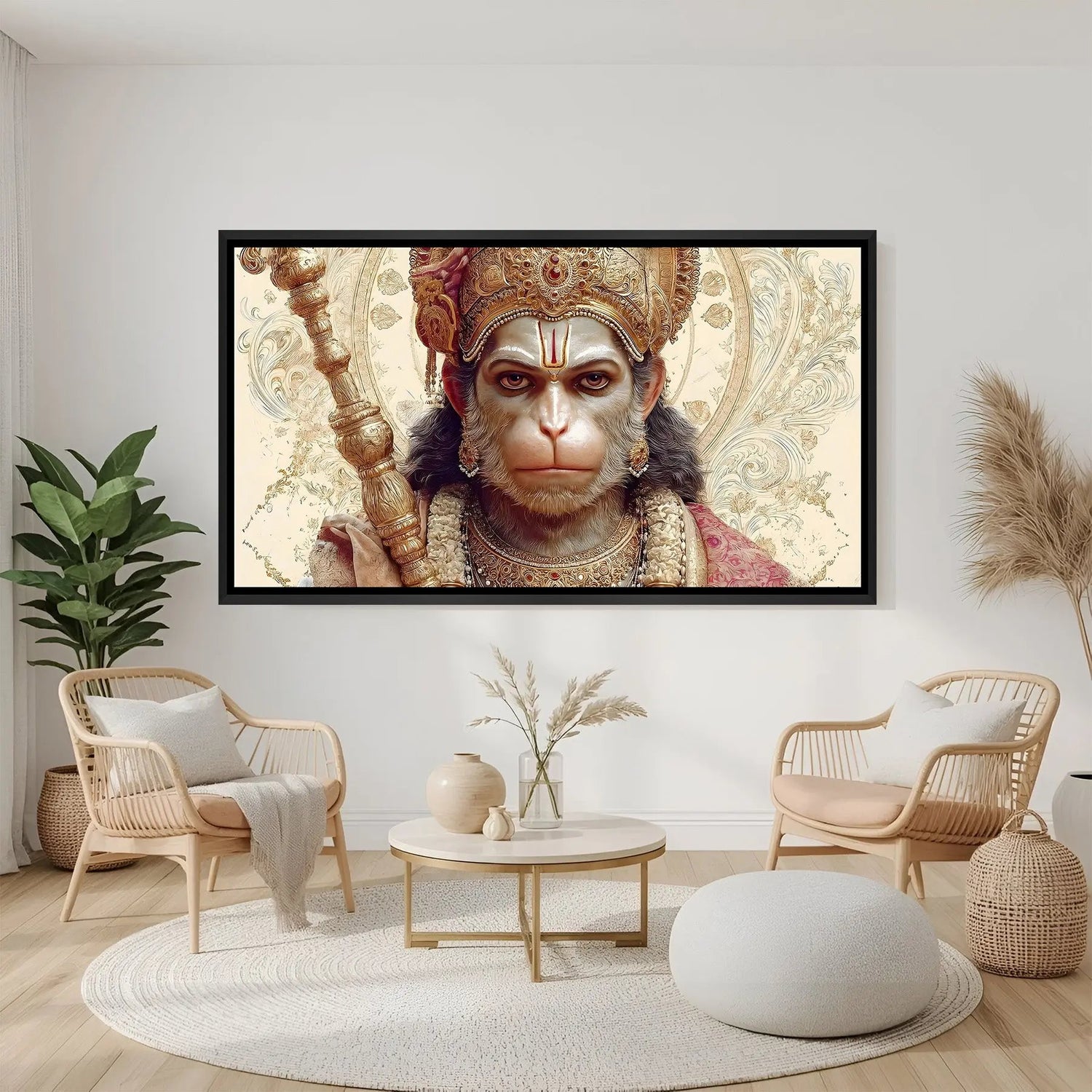 Hanuman Ji Divine Gaze wall painting in black floater frame with powerful spiritual portrait artwork