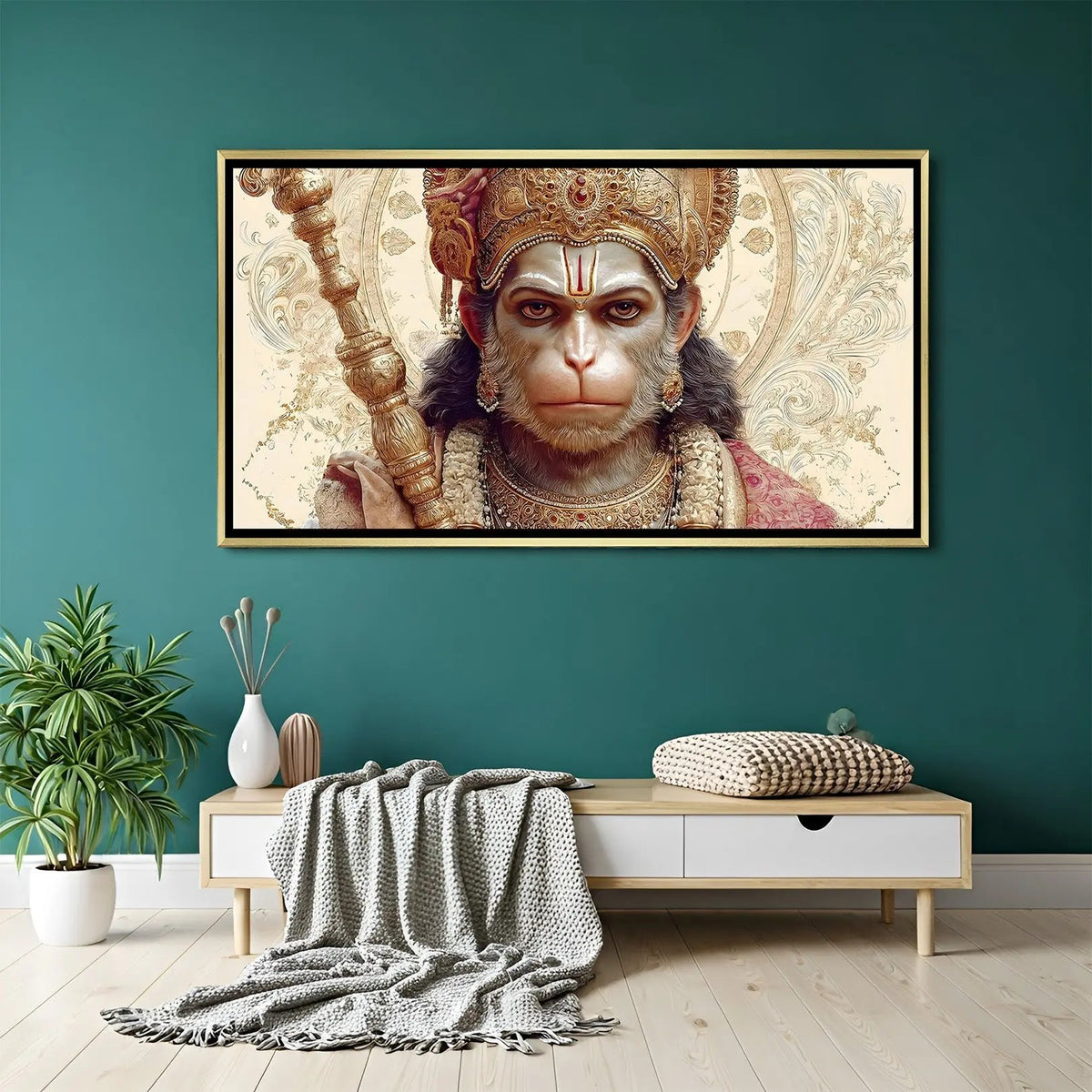 Hanuman Ji Divine Gaze artwork in luxury golden floater frame featuring detailed devotional face portrait