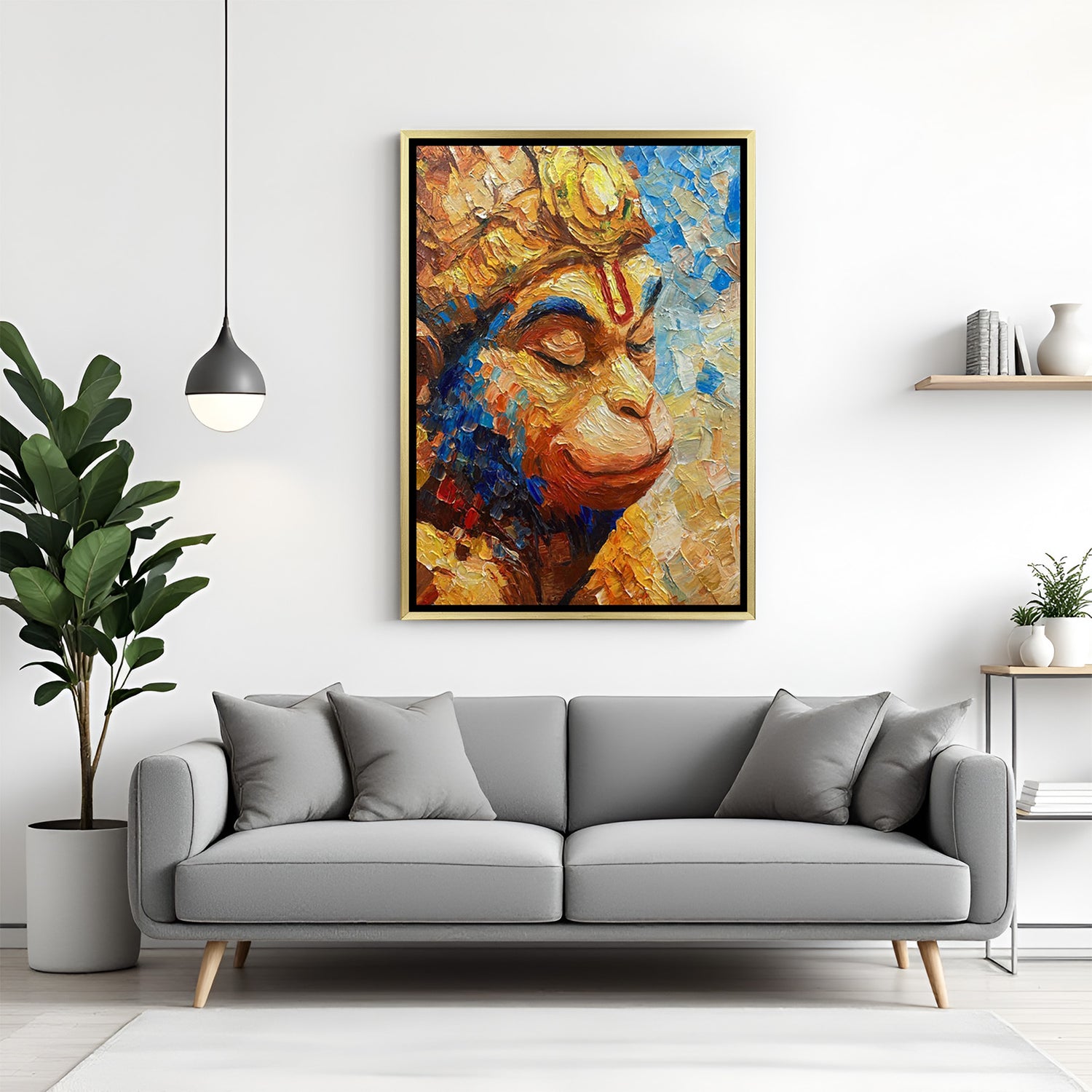 Hand-painted Hanuman Ji canvas wall art in golden floater frame, perfect for home or office decor