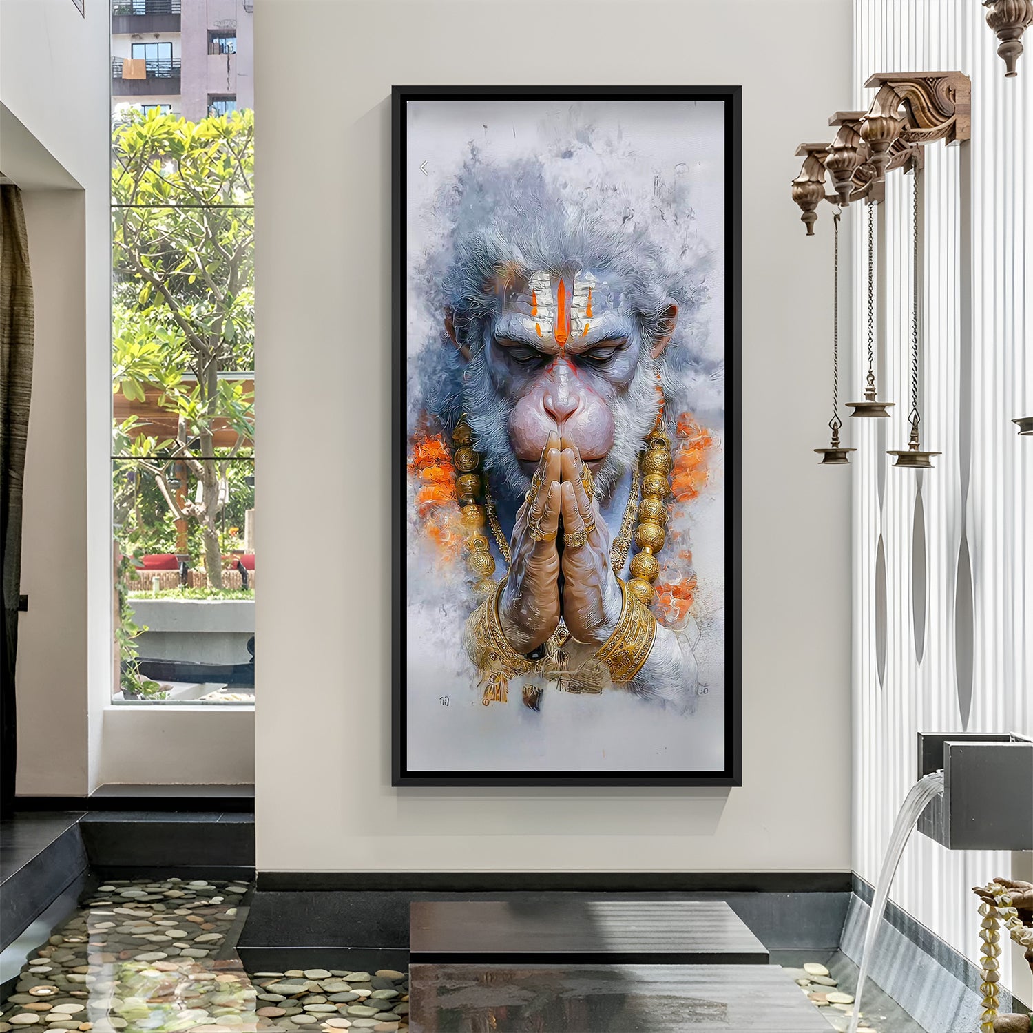 elegant hanuman ji canvas wall art in black floater frame bringing calm devotional ambiance to living room prayer or meditation area