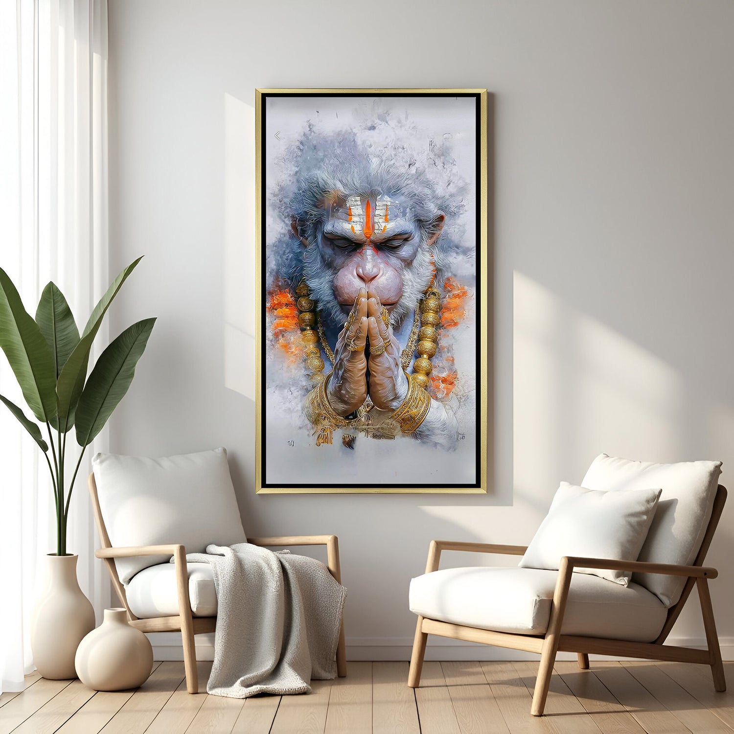 hanuman ji light painted canvas with golden frame radiating spiritual warmth divine protection and peaceful vibes for home temple decor