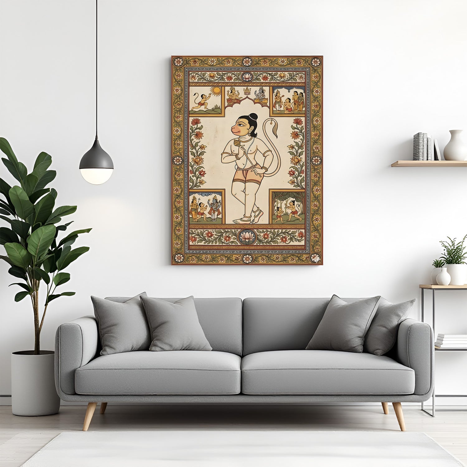 Hanuman Ji Madhubani art canvas wall painting in premium wrapped frame with traditional folk detailing