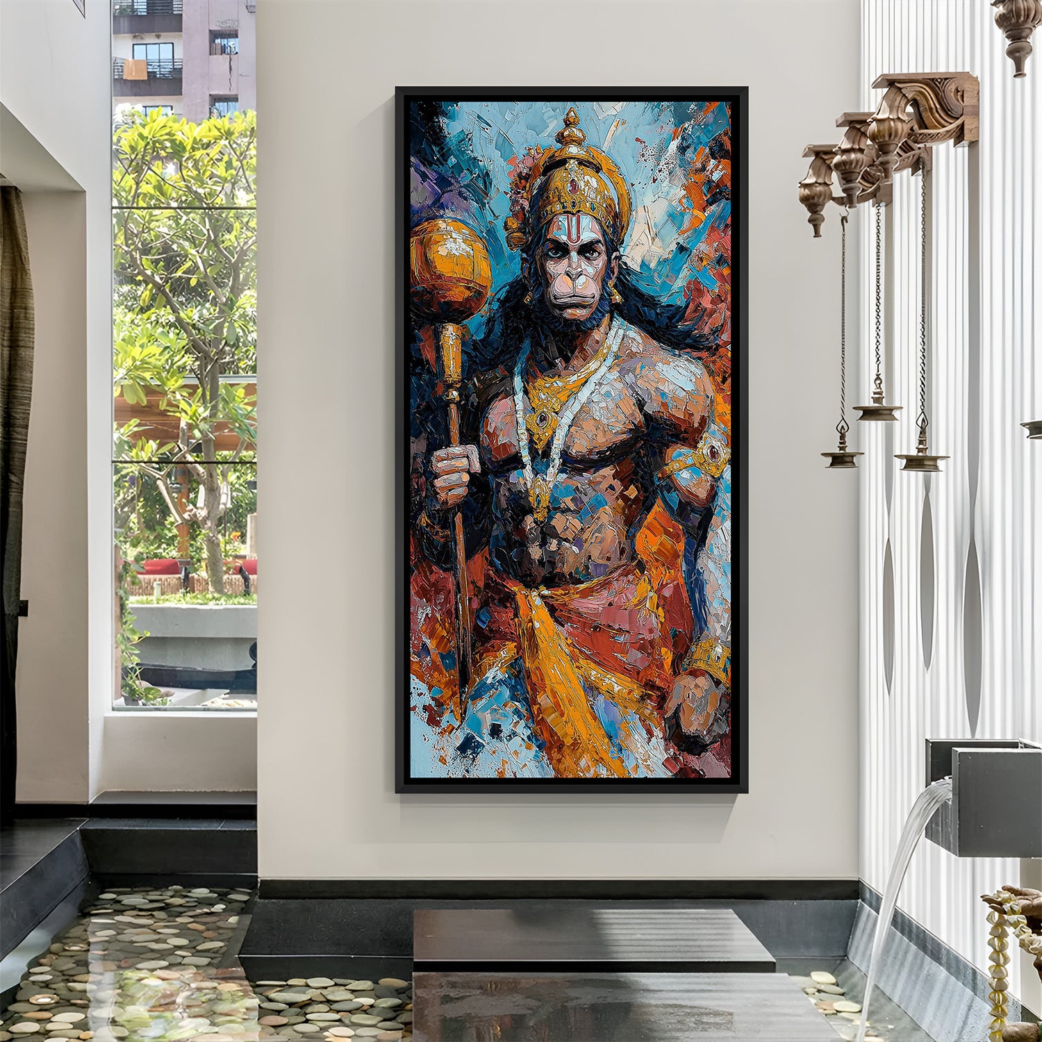 elegant hanuman ji wall art in black floater frame creating peaceful devotional atmosphere for living room or prayer space
