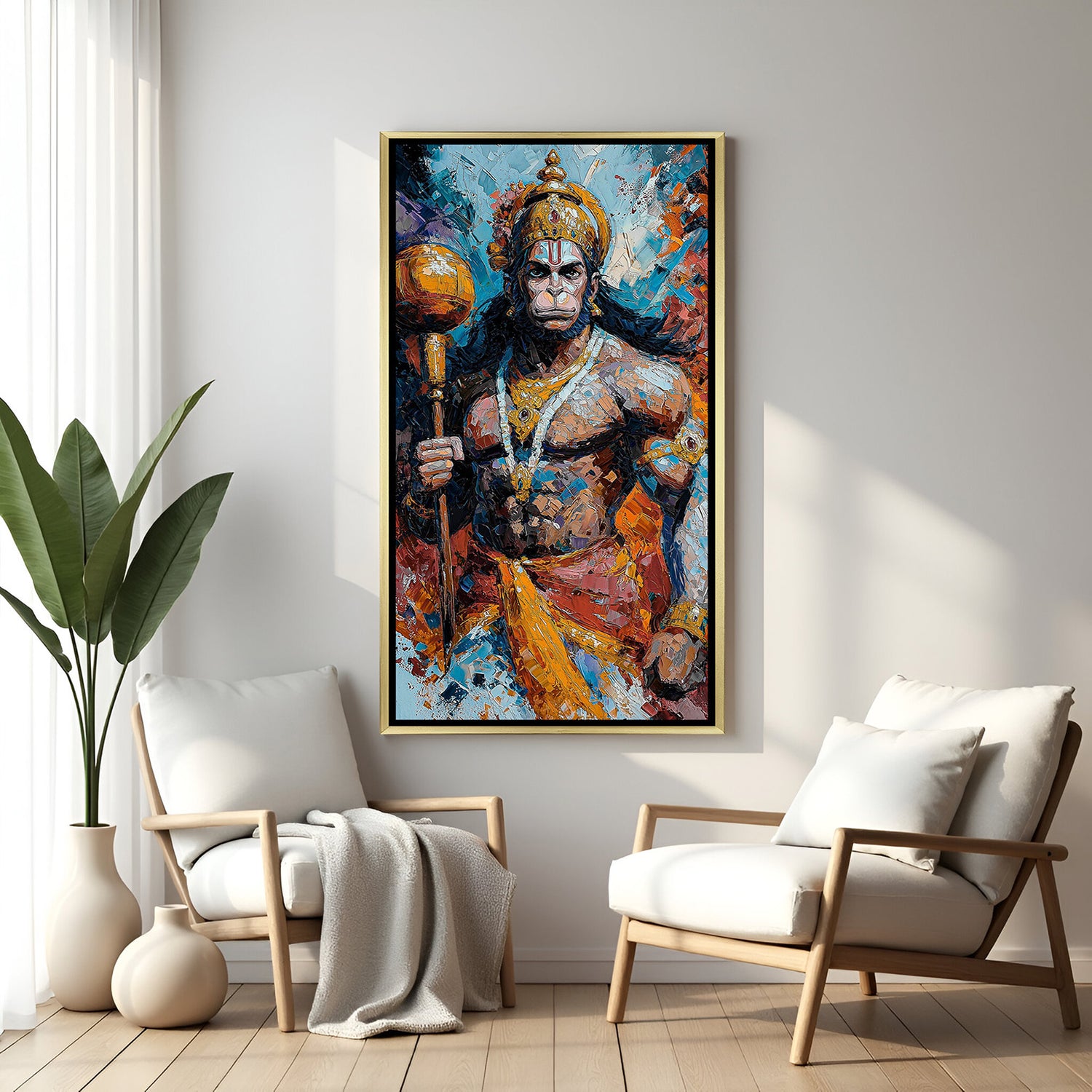 divine hanuman ji canvas print with golden frame inspiring bhakti strength and spiritual warmth in home temple or meditation room