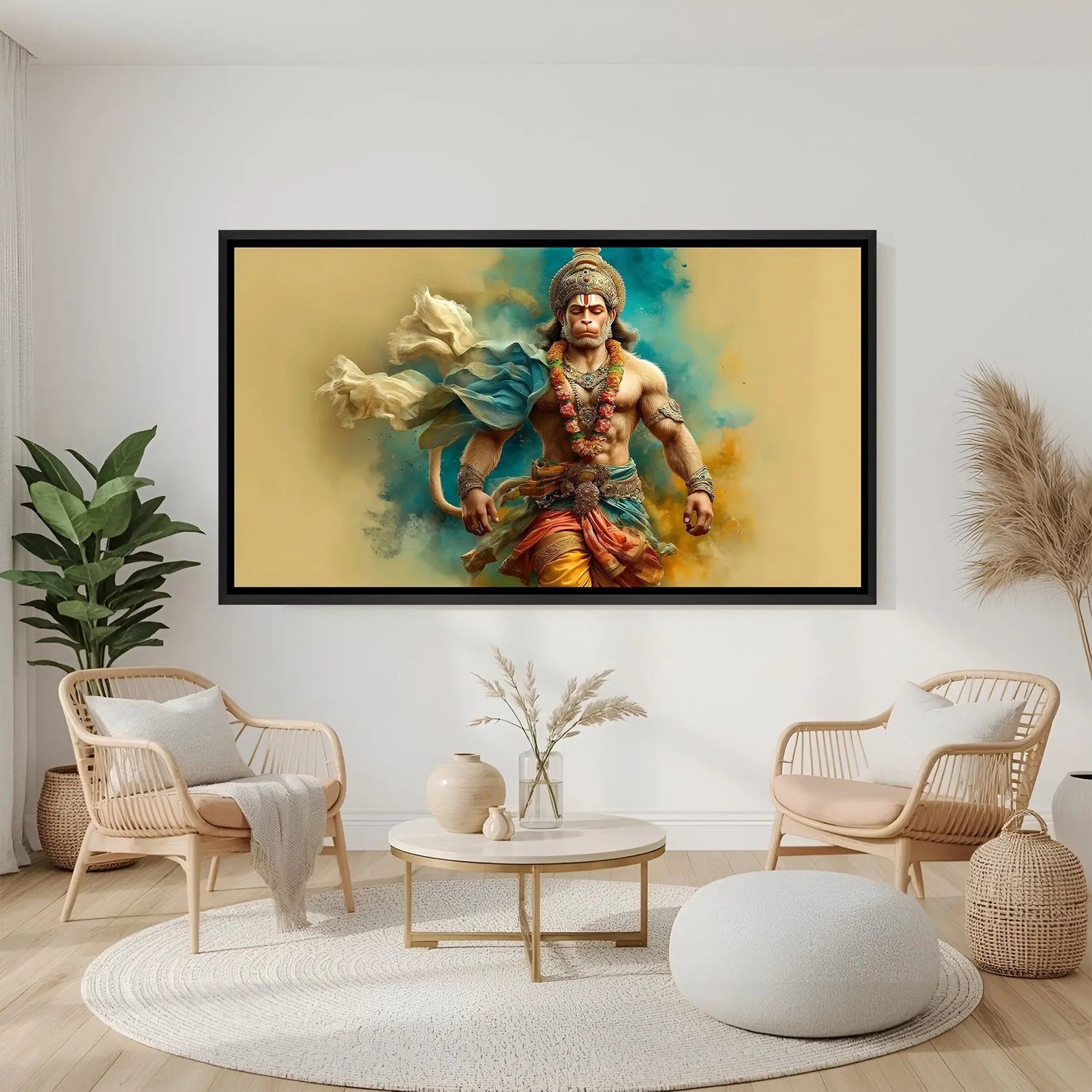Hanuman Ji Path of Silent Strength wall painting in black floater frame with serene walking Hanuman artwork