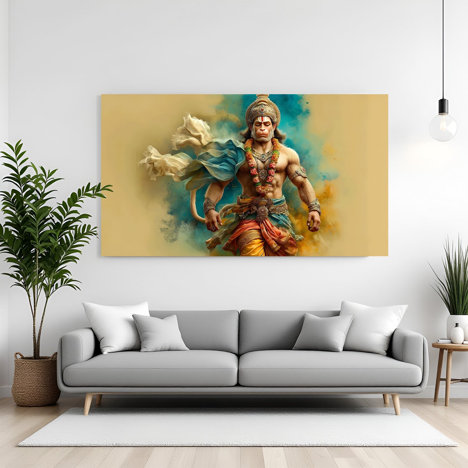 Hanuman Ji Path of Silent Strength canvas wall art featuring Hanuman Ji walking peacefully with closed eyes in premium canvas wrapped frame