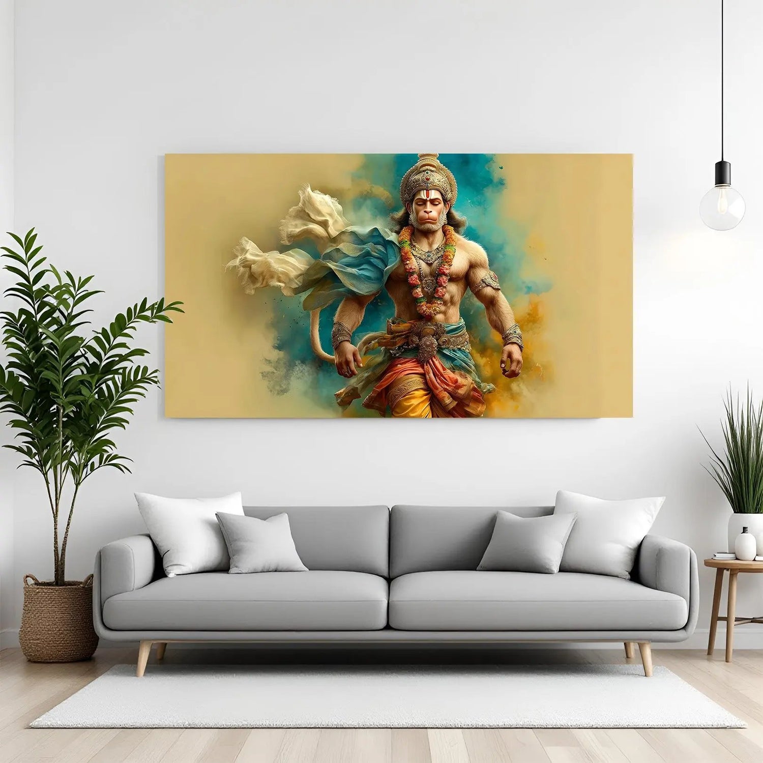Hanuman Ji Path of Silent Strength canvas wall art featuring Hanuman Ji walking peacefully with closed eyes in premium canvas wrapped frame