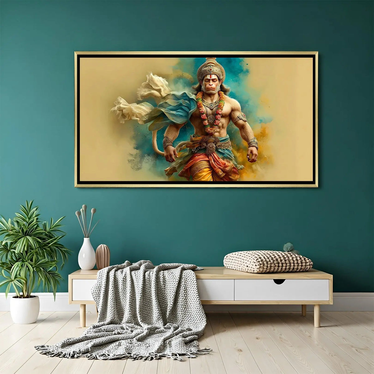 Hanuman Ji Path of Silent Strength artwork in luxury golden floater frame featuring a peaceful devotional walking portrait