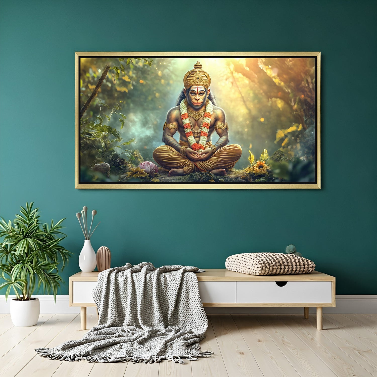 Golden floater frame Lord Hanuman Ji Vastu painting symbolizing strength and divine energy for puja room decor