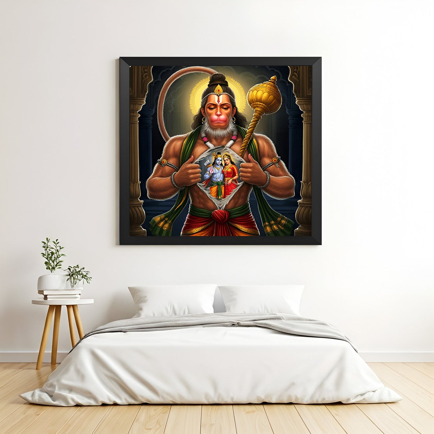 Hanuman Ji Vastu Canvas Painting in black floater frame for powerful spiritual energy, wall decor, and strength