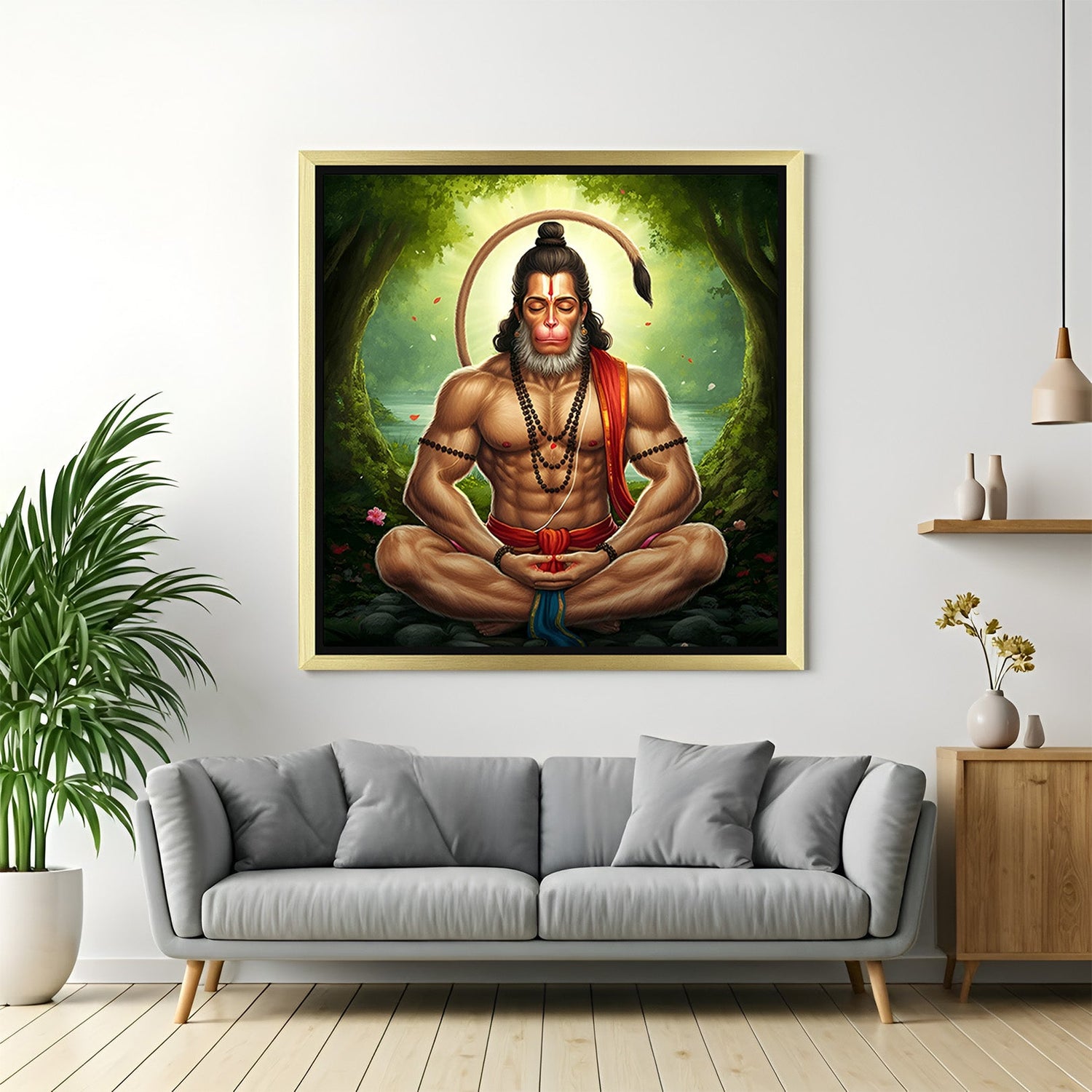 Hanuman ji vastu canvas wall art in golden floater frame featuring spiritual power, traditional detail, and vastu harmony for sacred or strength-focused decor