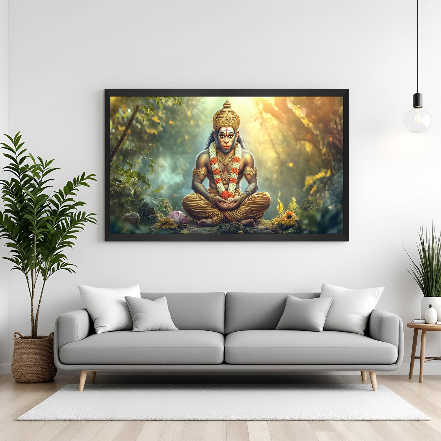 Black floater frame Lord Hanuman Ji Vastu wall art for spiritual protection and positive energy in home decor